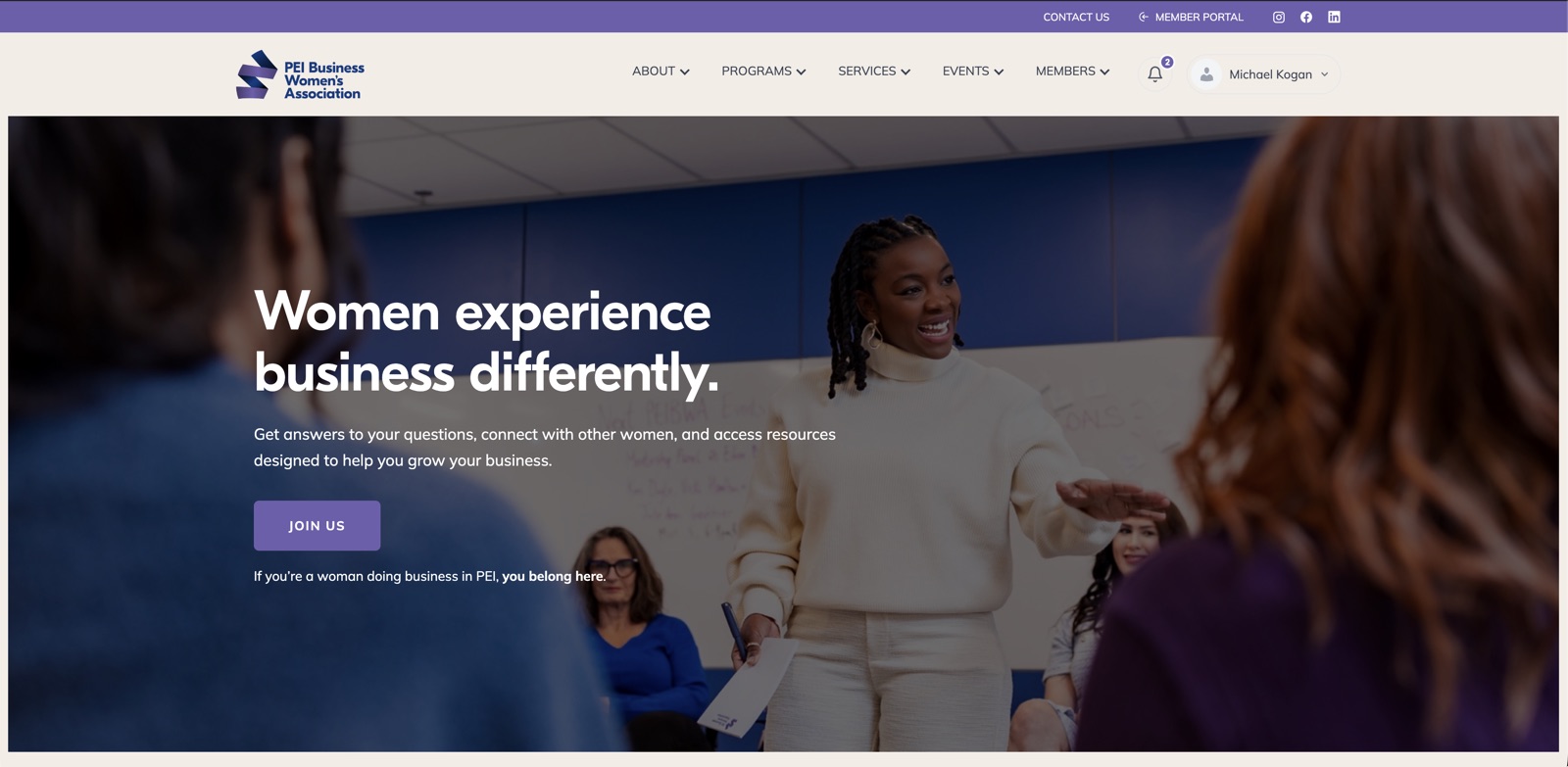 Screenshot PEI Business Women's Association website homepage with the Women experience business differently hero