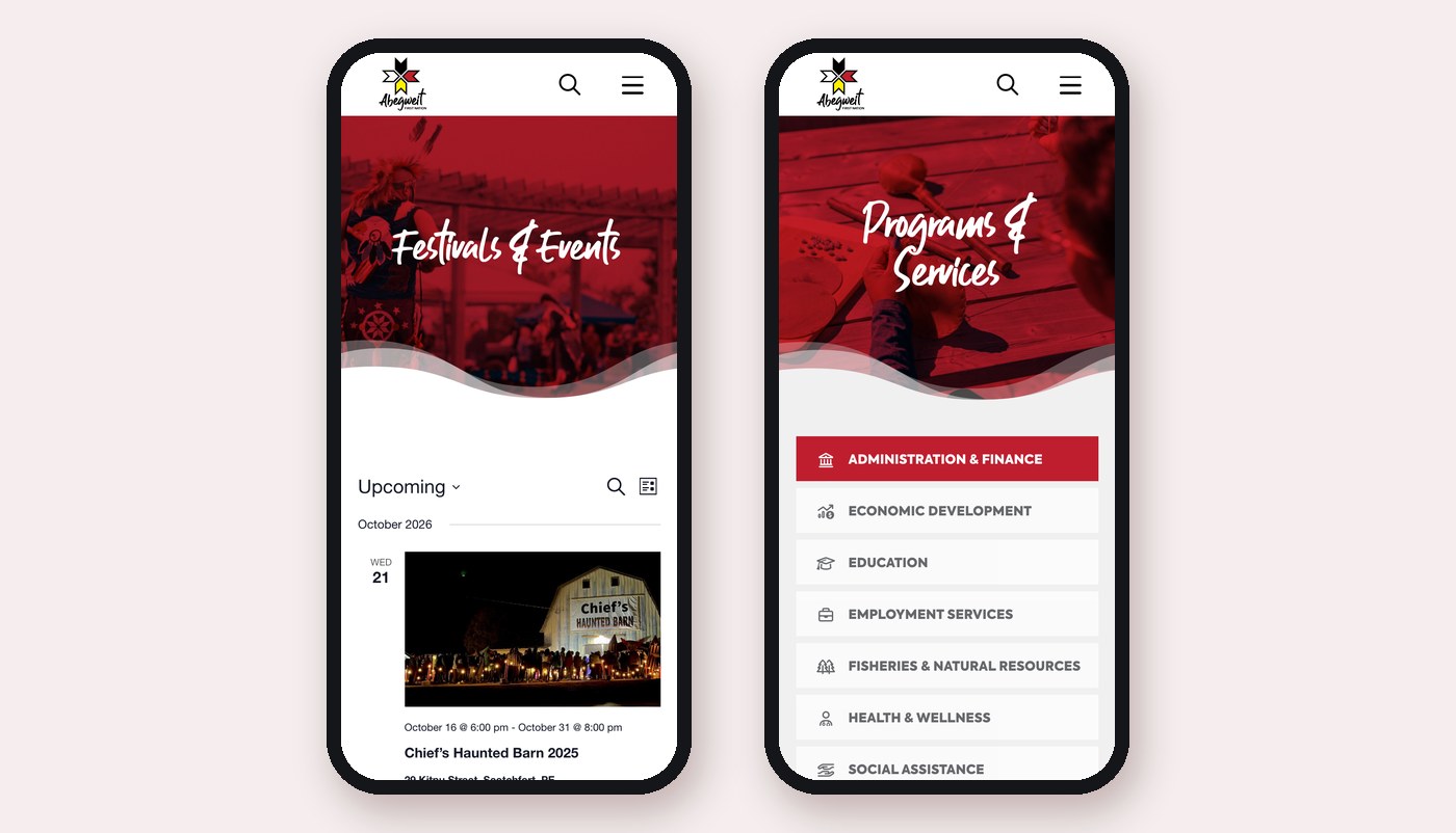 Abegweit Mobile Events Programs Abegweit First Nation website on mobile: events calendar and programs and services