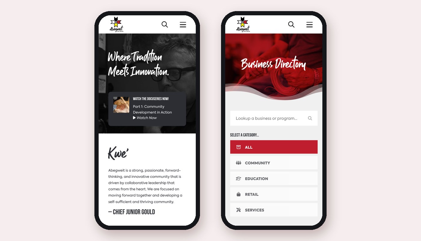 Abegweit Mobile Home Directory Abegweit First Nation website on mobile: homepage and business directory