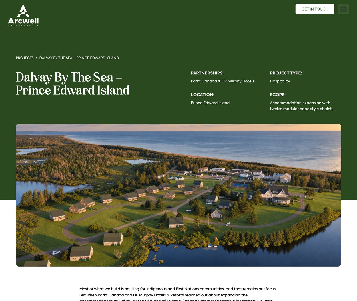 Arcwell Dalvay Project Page Arcwell Dalvay By The Sea project page with partners, scope and an aerial photo of the chalets