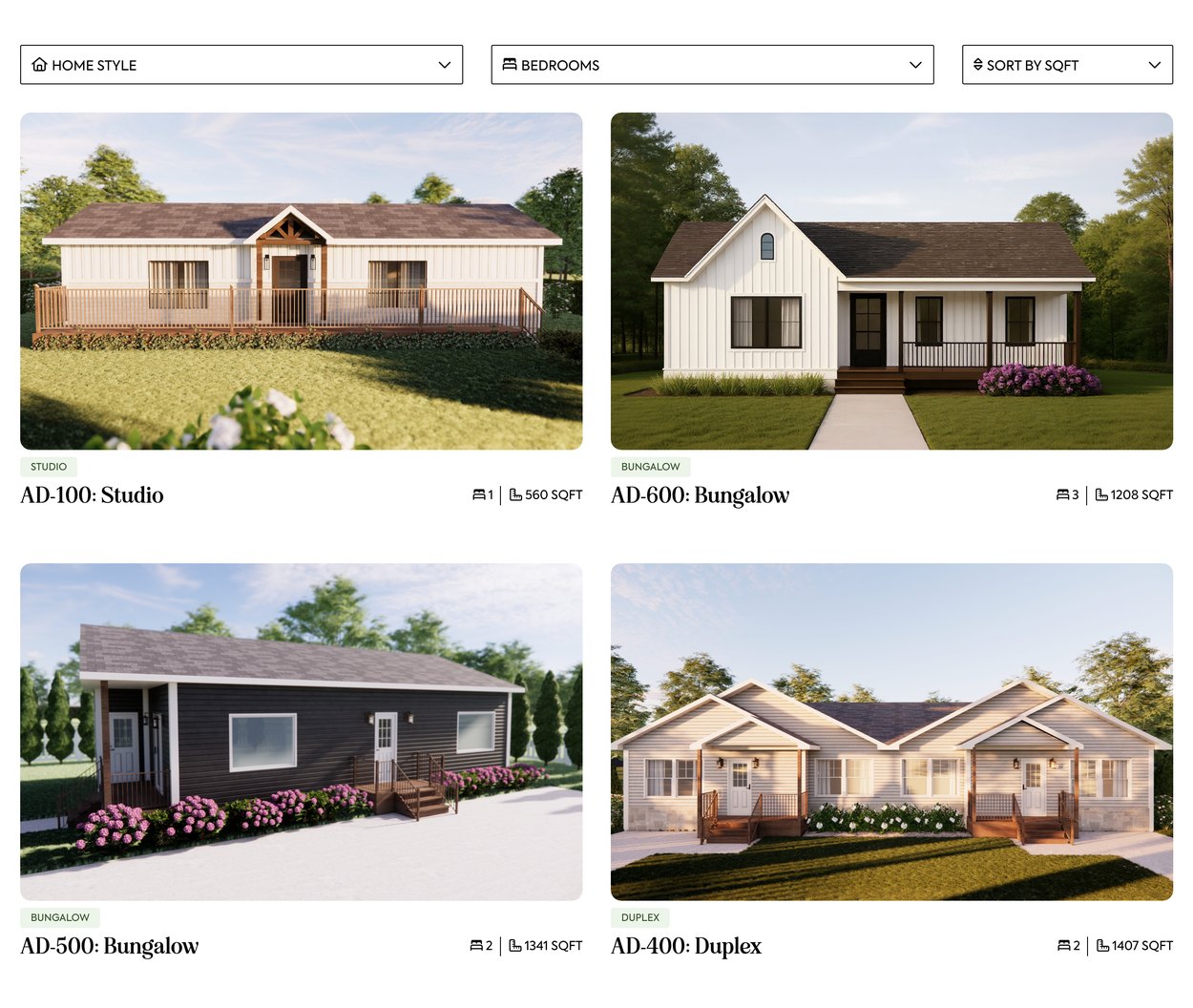 Arcwell Floor Plans Finder Arcwell floor plans page with home style, bedroom and square footage filters above home renderings