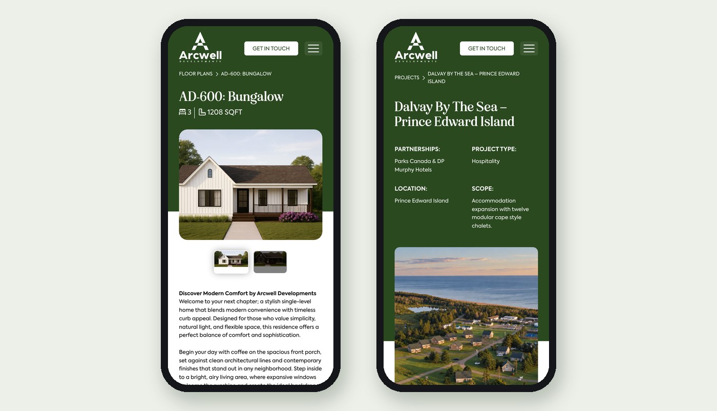 Arcwell Mobile Plan Project Arcwell website on mobile: a floor plan page and the Dalvay By The Sea project page