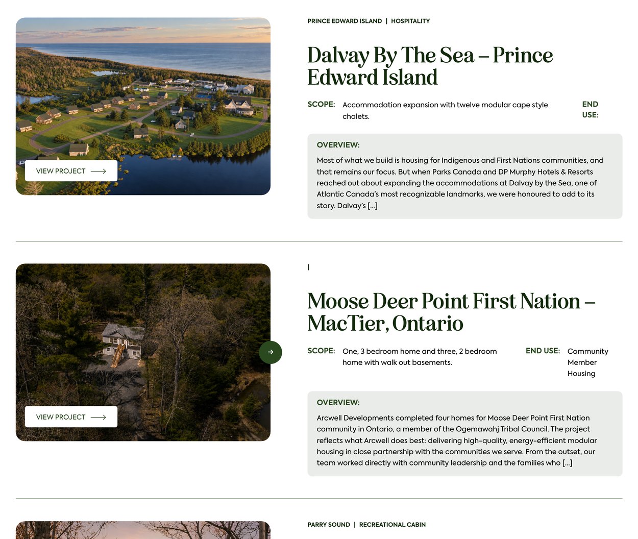 Arcwell Projects Portfolio Arcwell community partnerships and projects page listing Dalvay By The Sea and Moose Deer Point First Nation