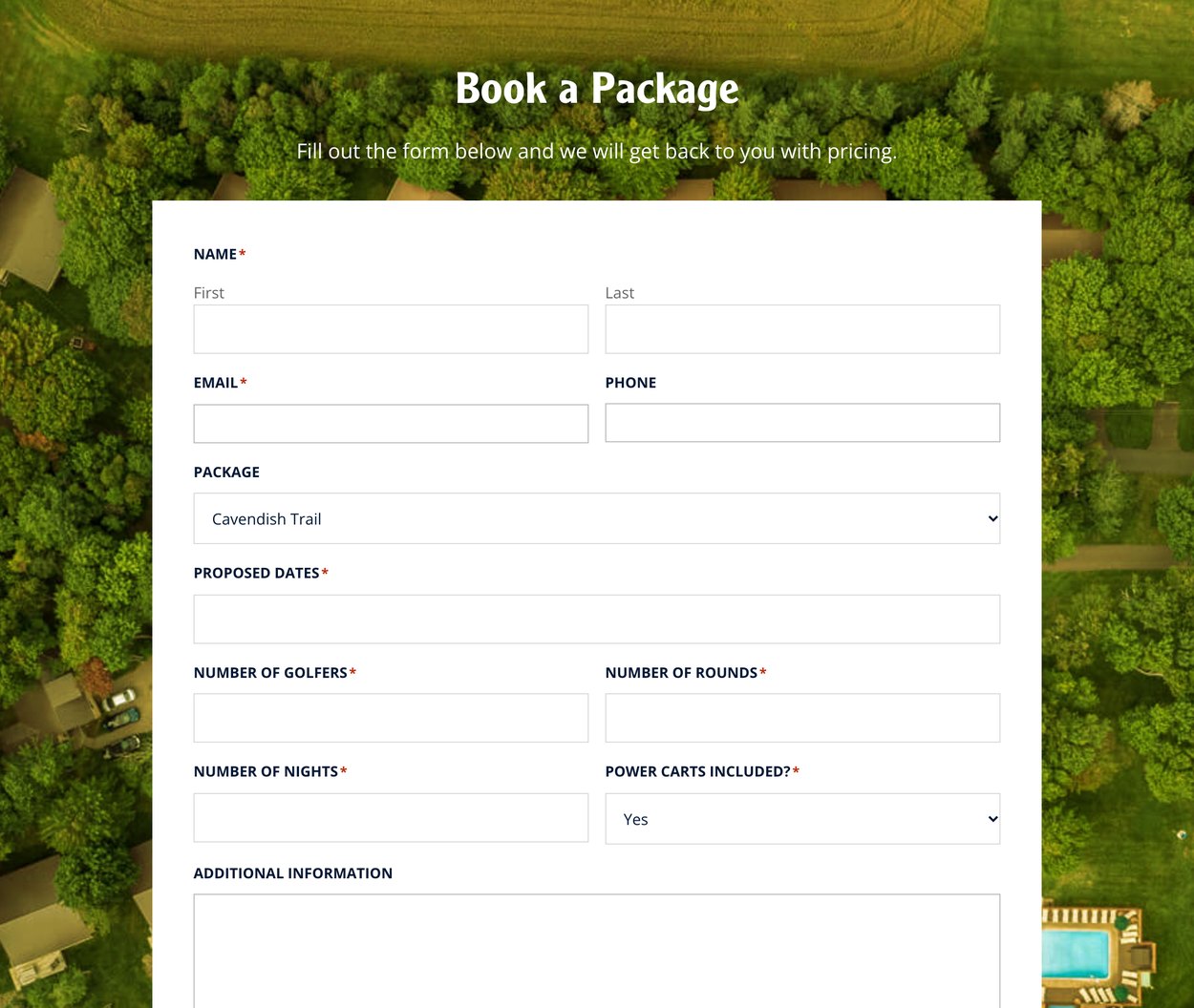 Cavendish Maples Book A Package Cavendish Maples Book a Package form with fields for dates, golfers, rounds and nights