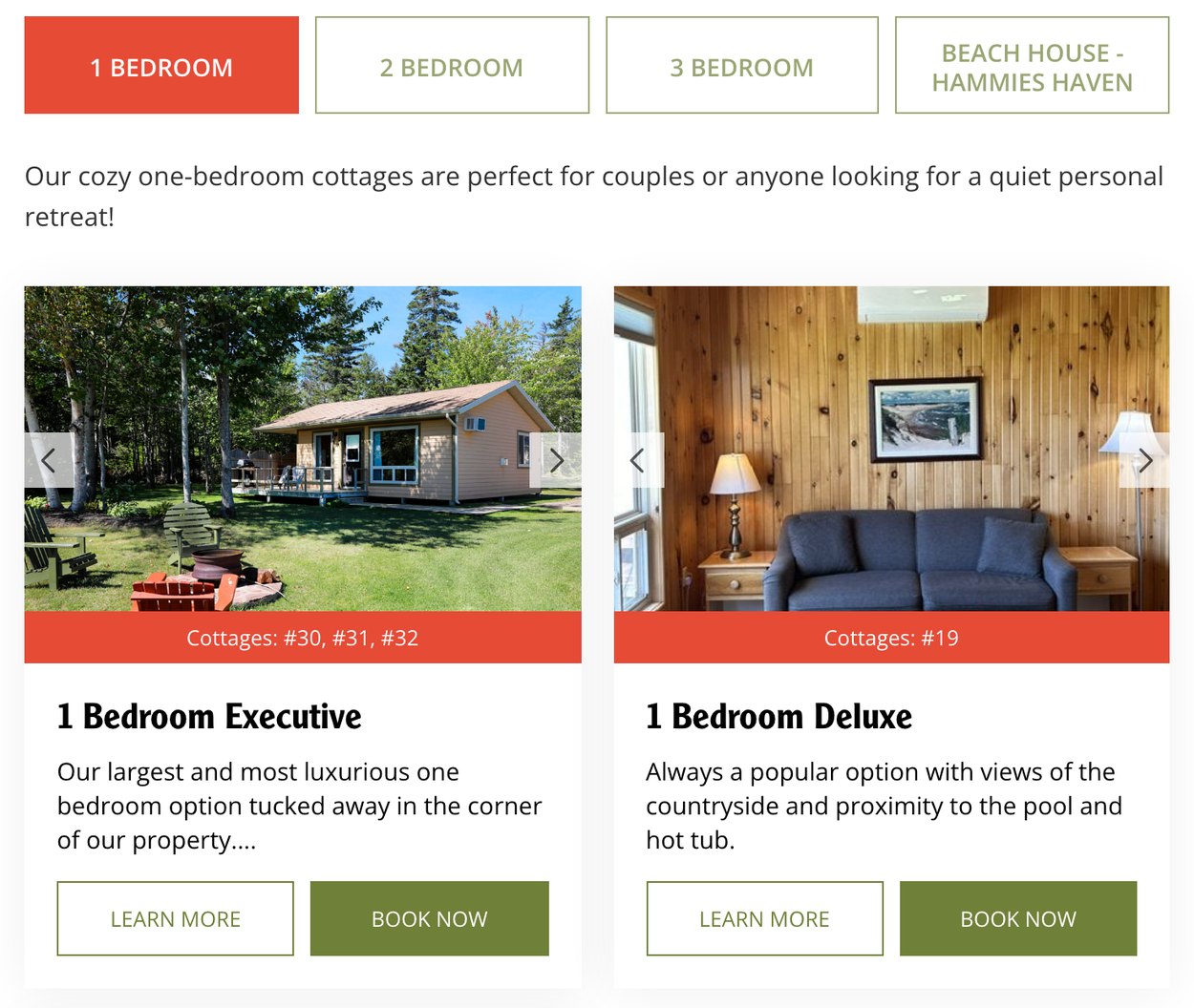 Cavendish Maples Cottages By Type Cavendish Maples cottages page with tabs by cottage size and cottage cards with Learn More and Book Now buttons