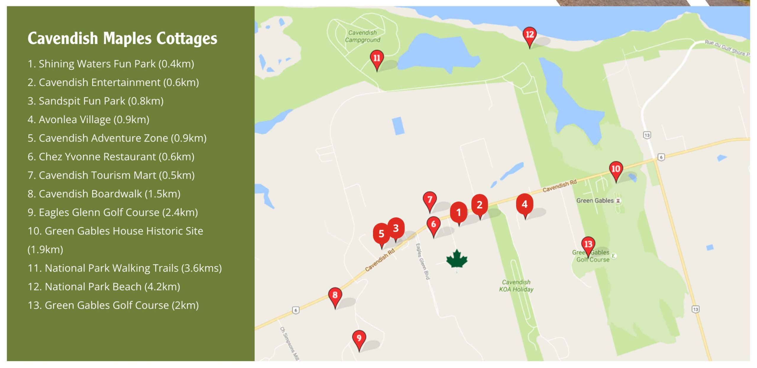 Cavendish Maples Location Map Cavendish Maples area map with 13 numbered nearby attractions, beaches and golf courses and their distances