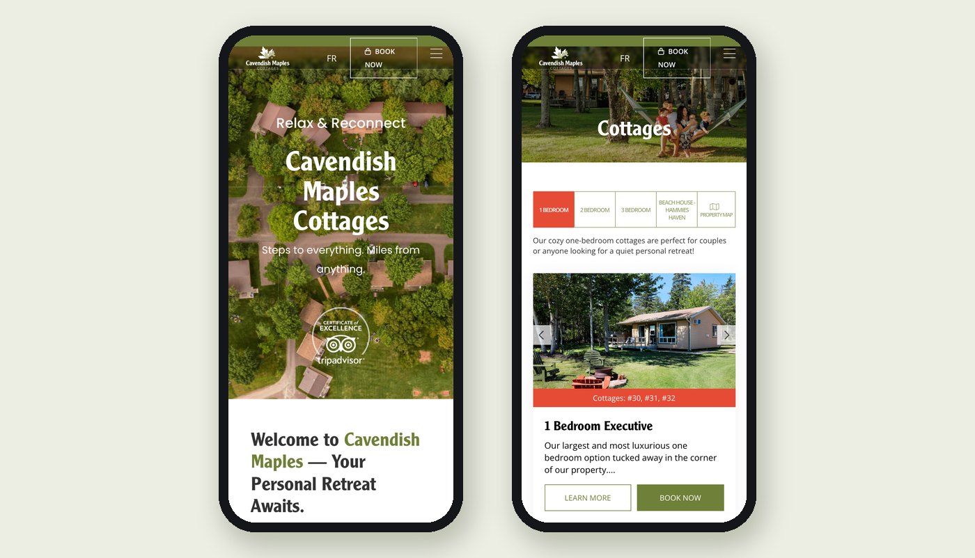 Cavendish Maples Mobile Home Cottages Cavendish Maples website on mobile: homepage and one-bedroom cottages page