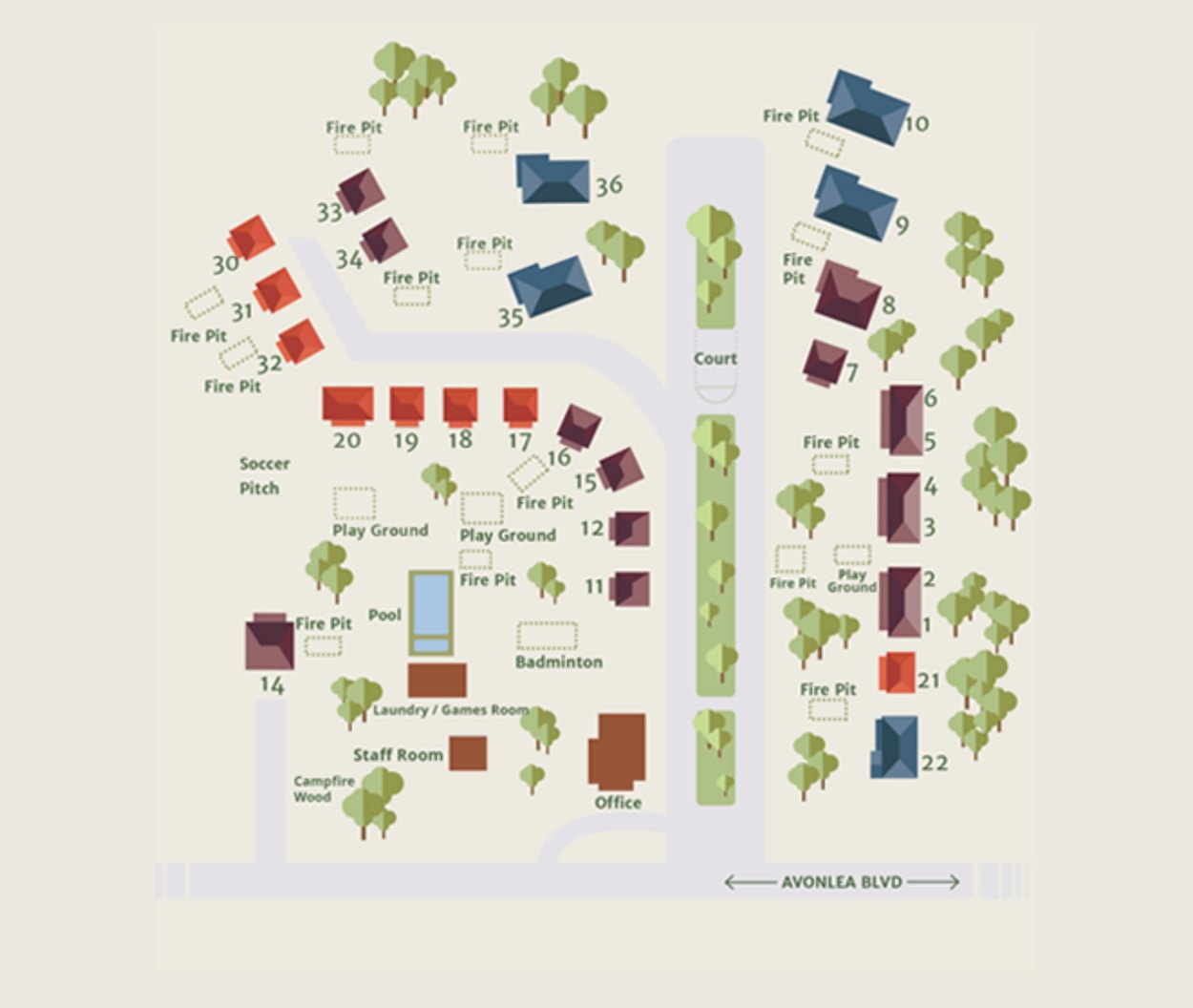 Cavendish Maples Property Map Illustrated Cavendish Maples property map showing numbered cottages, the pool, playgrounds and fire pits