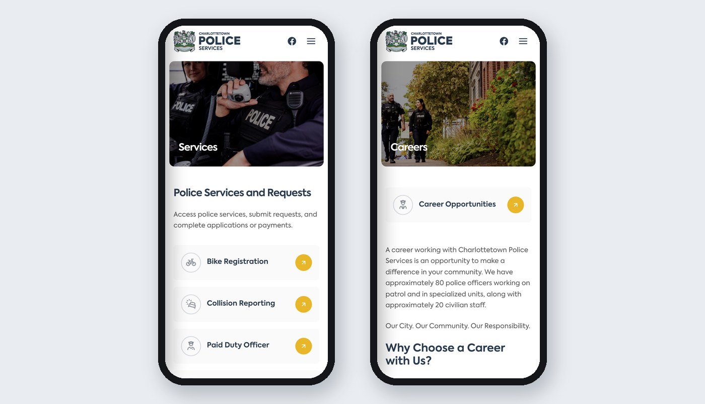 Charlottetown Police Mobile Services Careers Charlottetown Police website on mobile: services and careers pages
