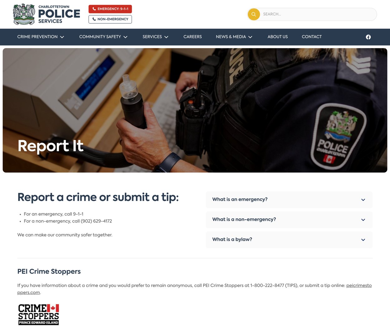 Charlottetown Police Report It Page Charlottetown Police Report It page with emergency and non-emergency guidance