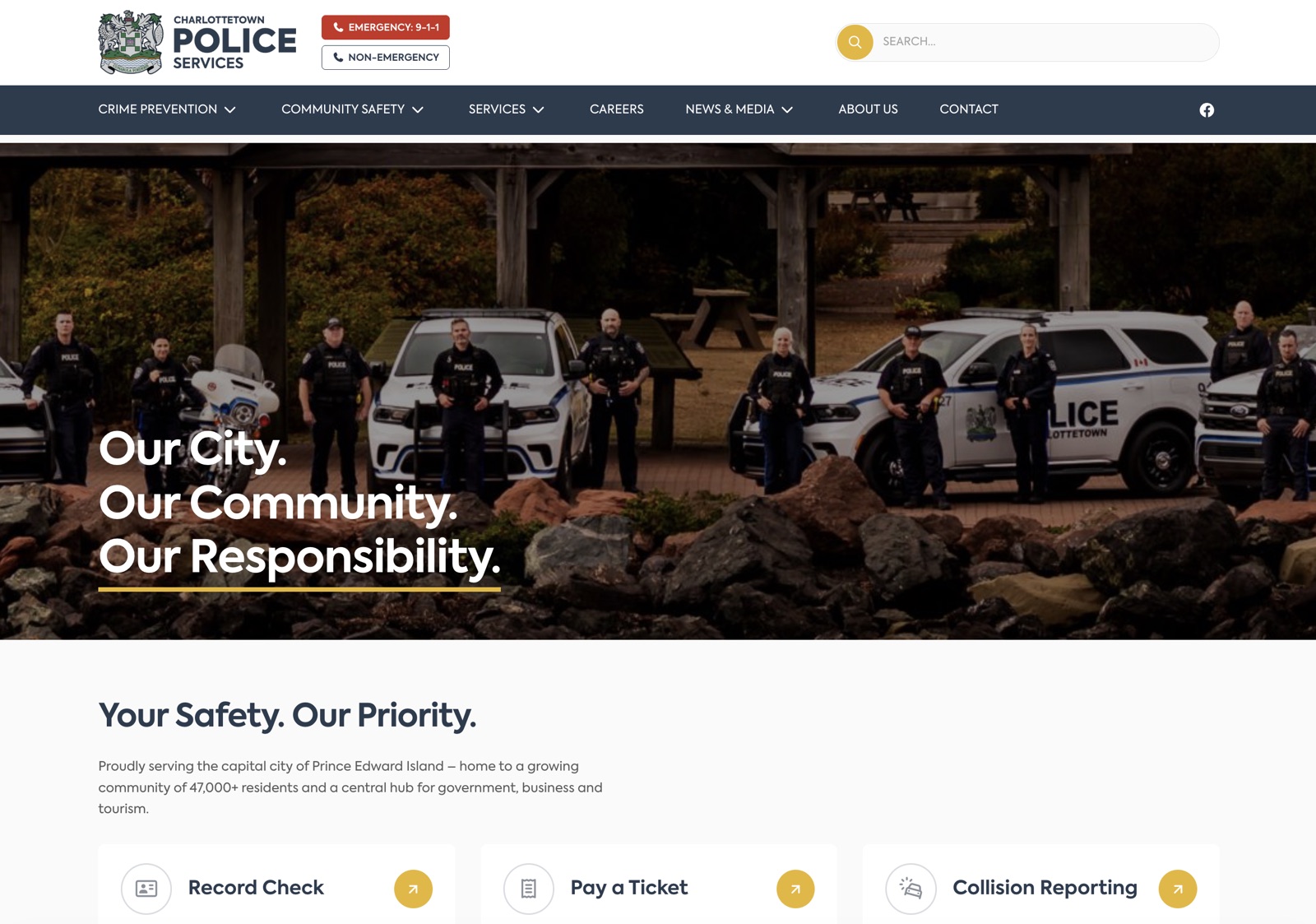 Screenshot Charlottetown Police Services website homepage with the Our City, Our Community, Our Responsibility hero and quick links