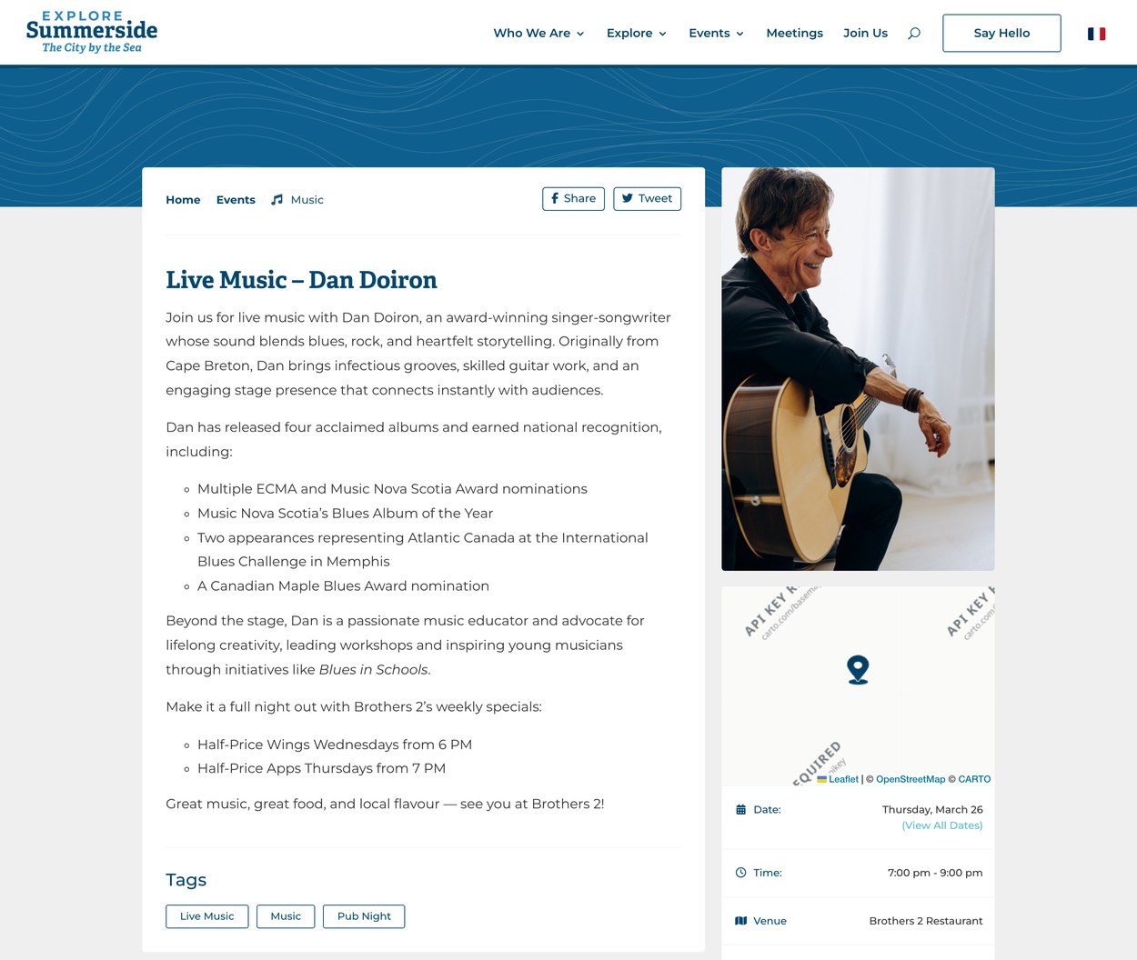 Explore Summerside Event Page Explore Summerside event page for a live music night with event details, date, time and venue map