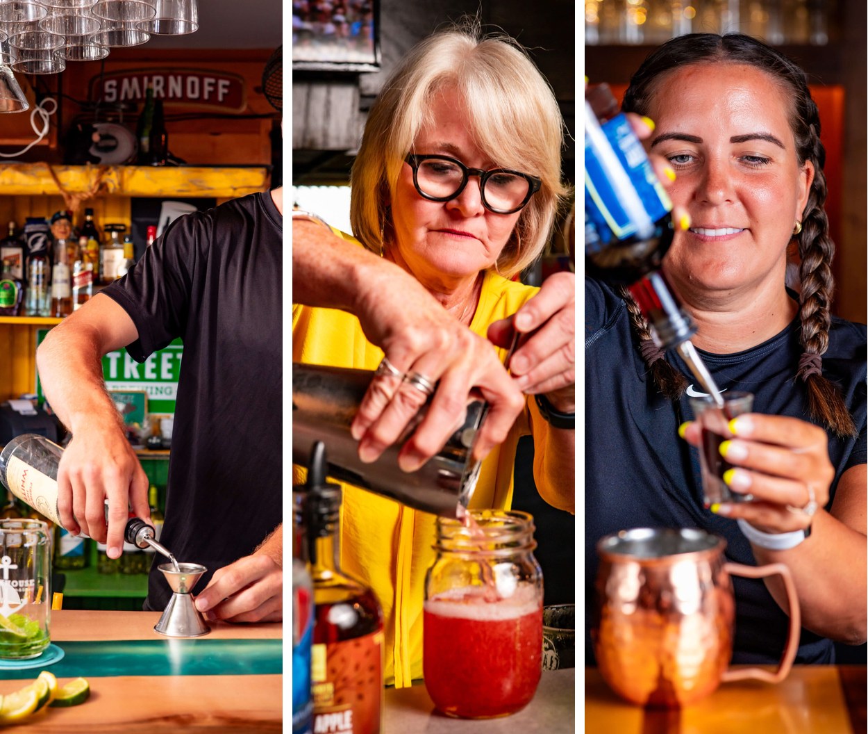 Explore Summerside Summer Sips Bartenders Bartenders mixing Summer Sips Showdown cocktails at Summerside restaurants, photographed by Lake Design