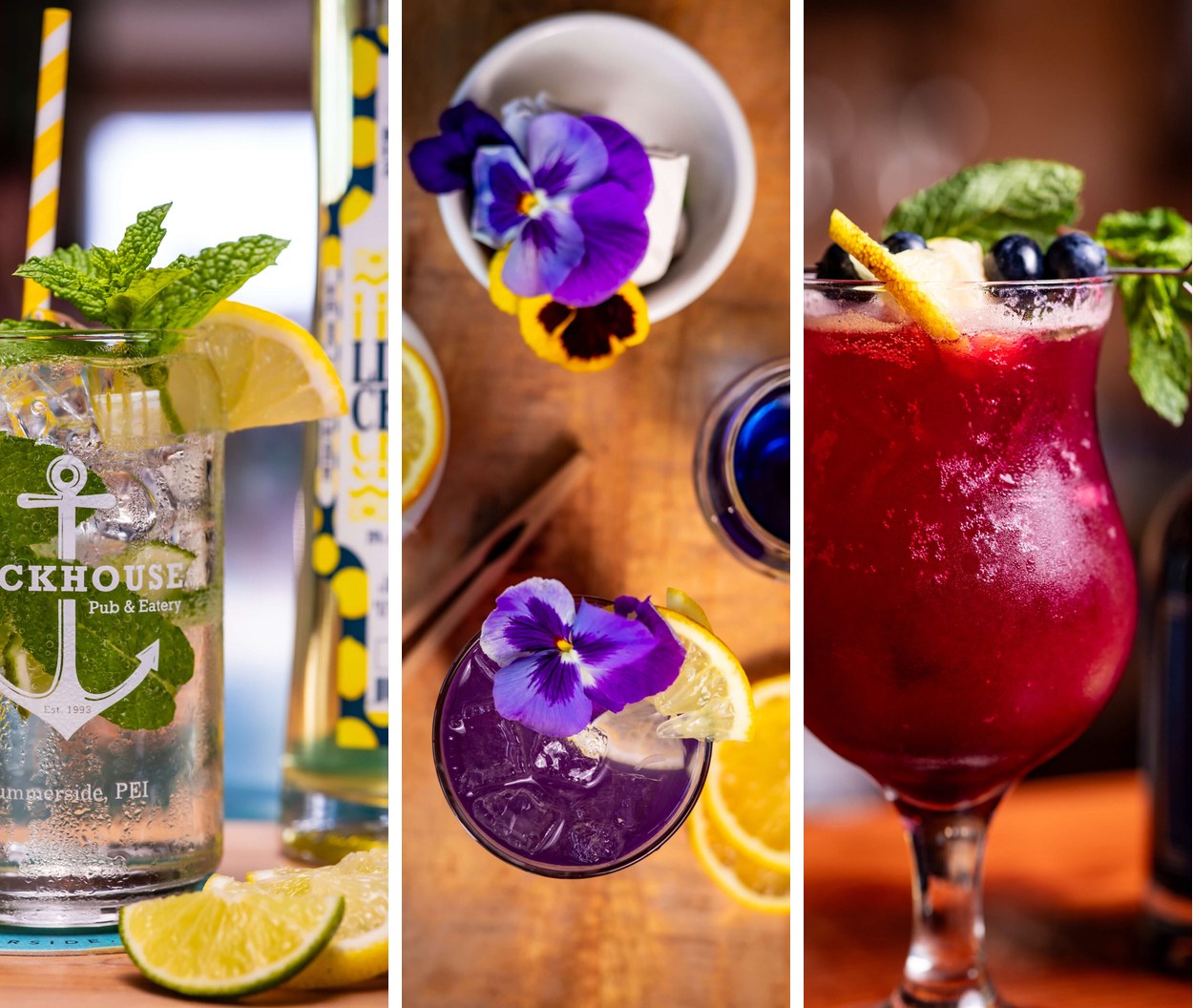 Explore Summerside Summer Sips Cocktails Summer Sips Showdown cocktails photographed by Lake Design for Explore Summerside, including a Deckhouse drink and a purple cocktail with pansies