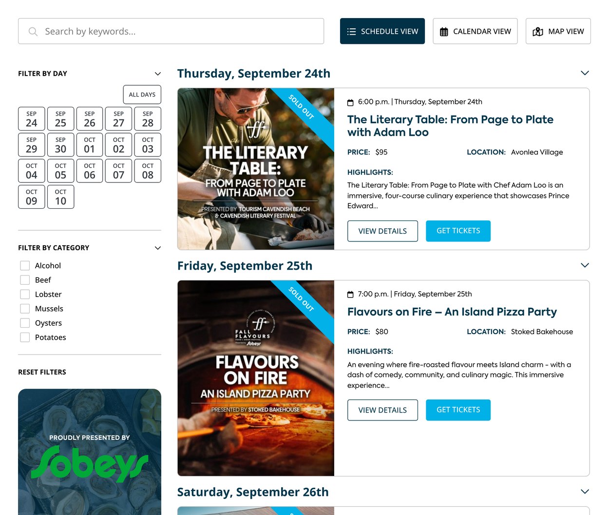 Fall Flavours events calendar Fall Flavours events calendar with schedule view, day filters and ingredient filters