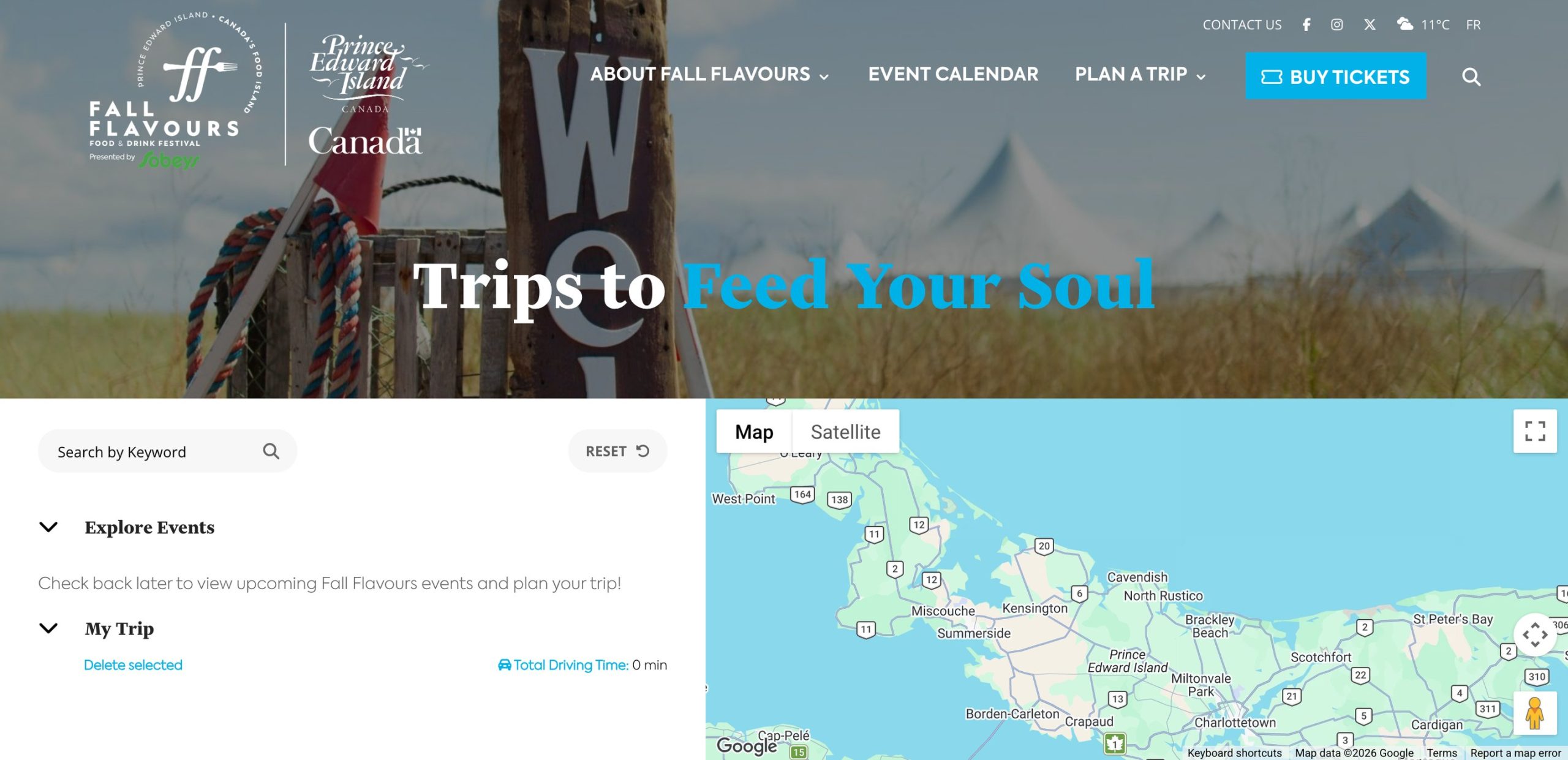 Fall Flavours trip planner Fall Flavours trip planner with event, restaurant and accommodation listings on a map