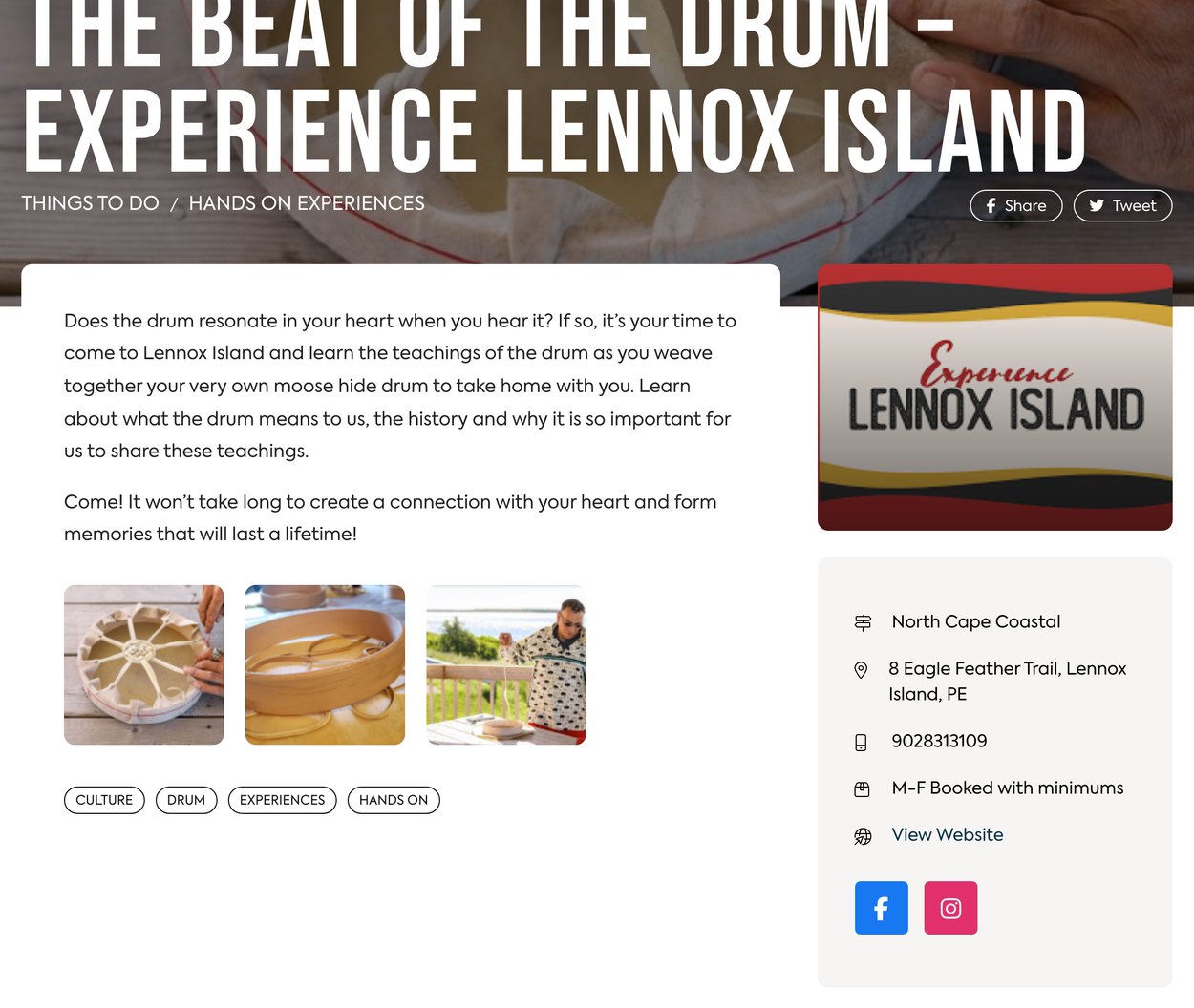 Indigenous Pei Experience Listing Indigenous PEI listing page for The Beat of the Drum experience on Lennox Island with photos, location and contact details