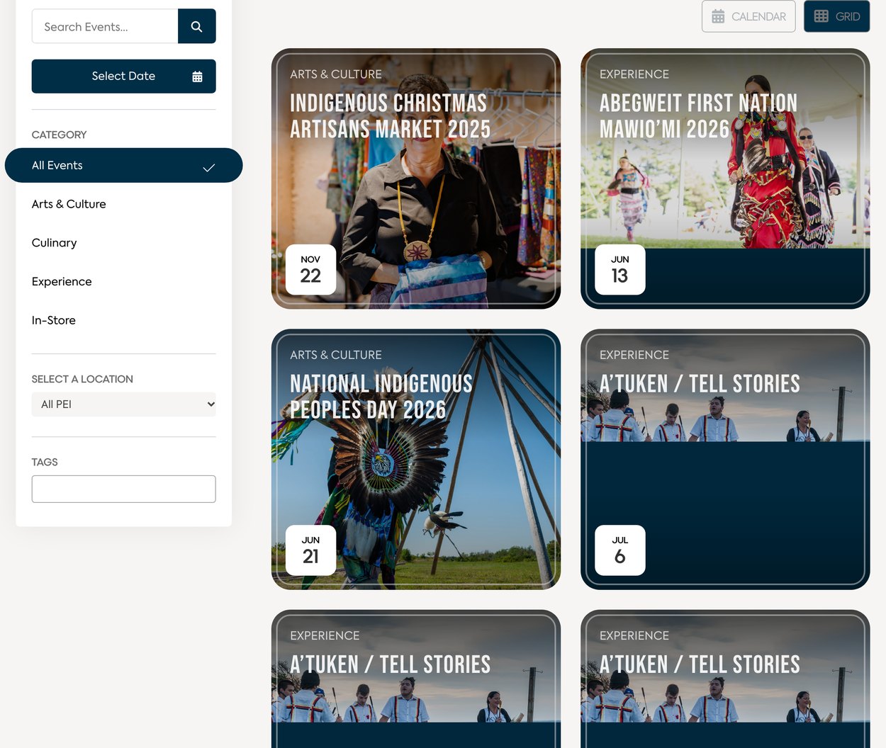 Indigenous Pei Festivals Events Grid Indigenous PEI Festivals and Events page in grid view with event cards and date, category and location filters