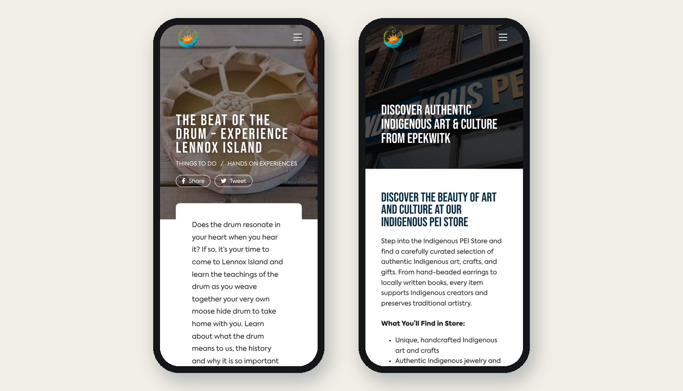 Indigenous Pei Mobile Experience Store Indigenous PEI website on mobile: experience listing and Indigenous PEI Store page