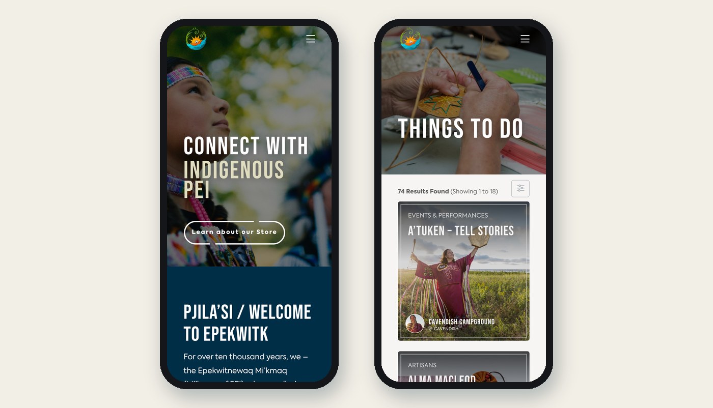 Indigenous Pei Mobile Home Things To Do Indigenous PEI website on mobile: homepage and Things To Do directory