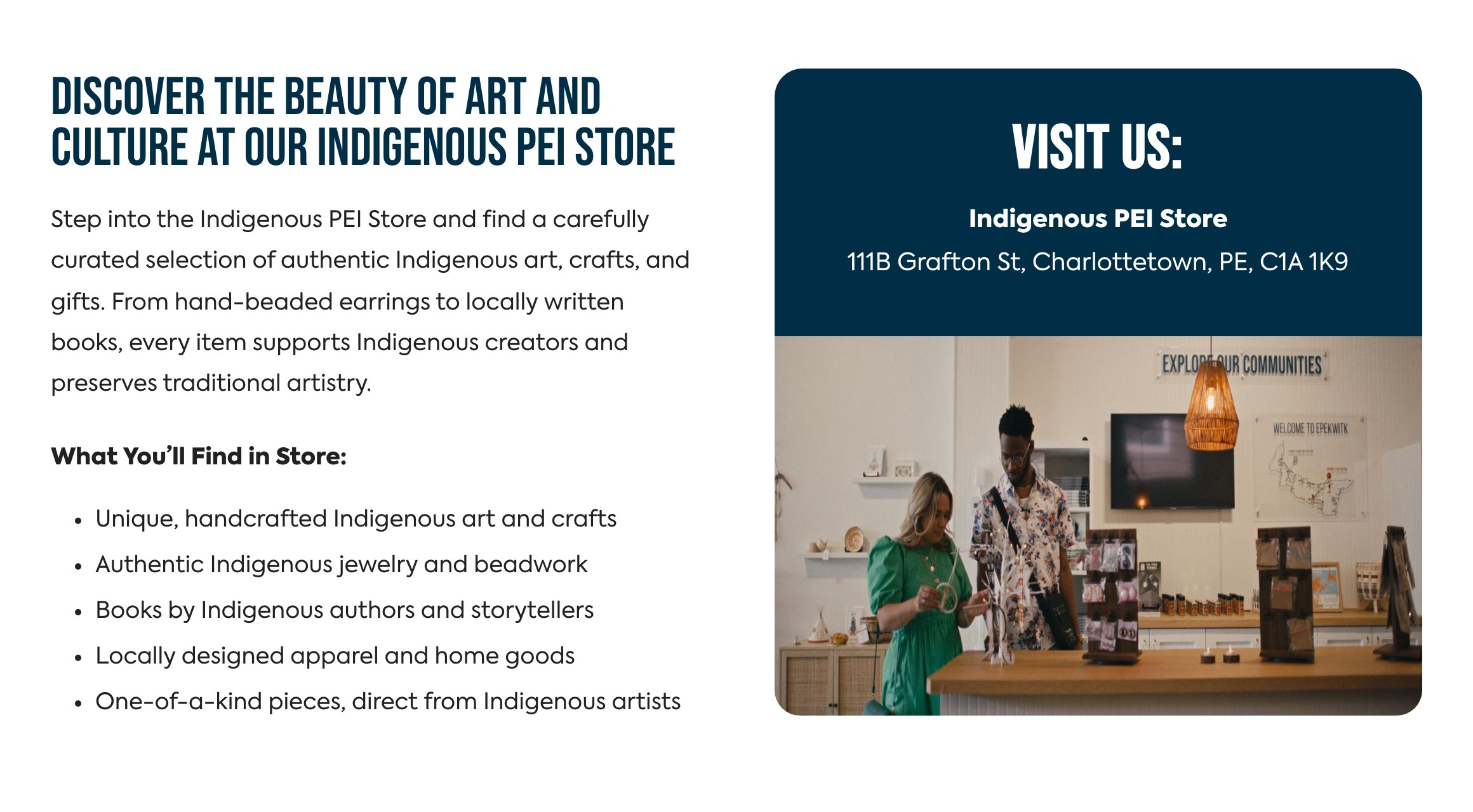 Indigenous Pei Store Indigenous PEI Store page with store description, what you'll find in store and the Grafton Street location