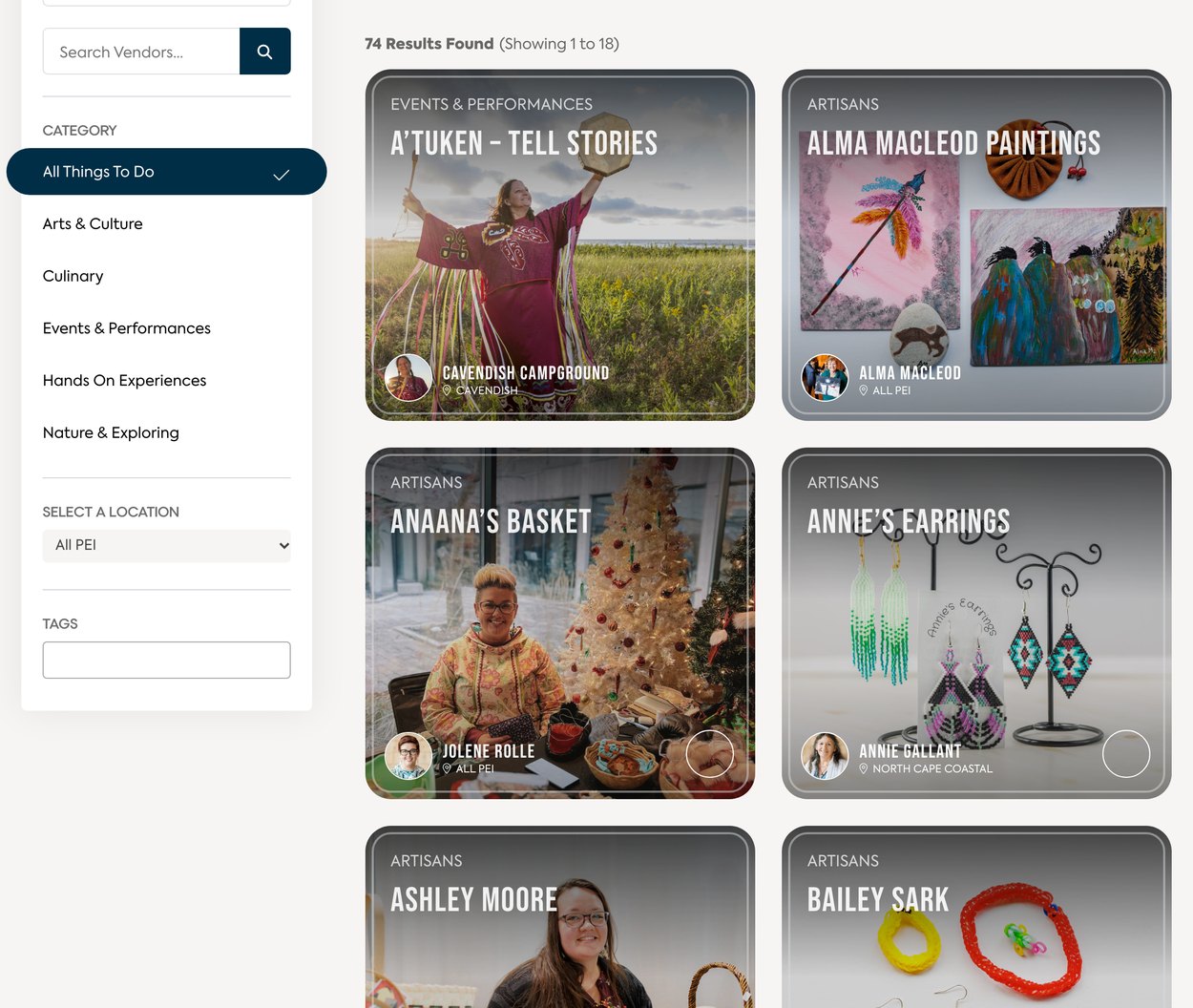 Indigenous Pei Things To Do Directory Indigenous PEI Things To Do directory with category, location and tag filters beside artisan and experience cards