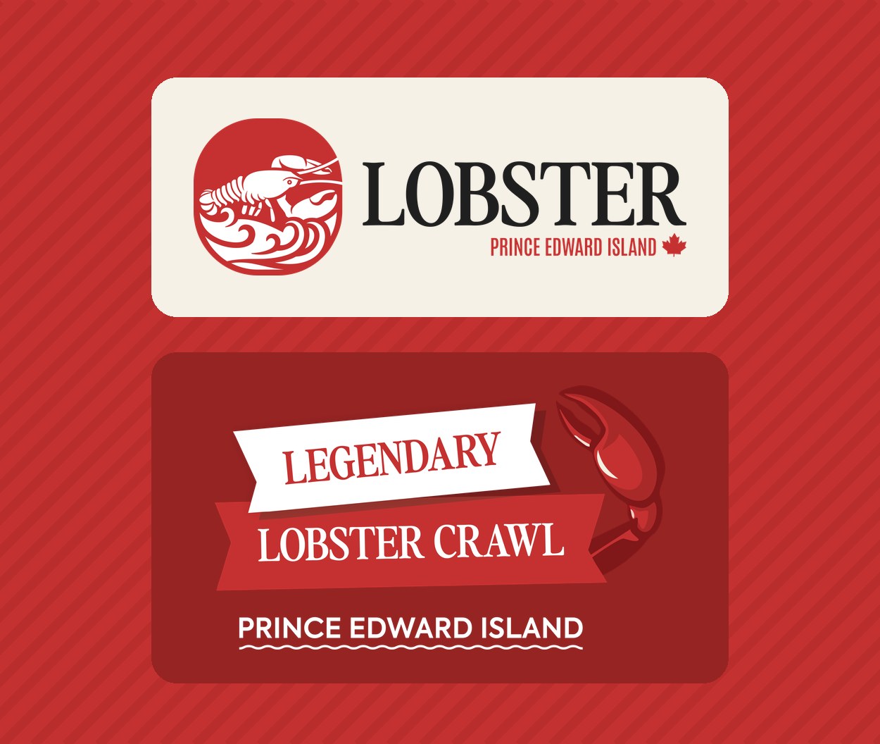 Lobster PEI Branding Lobster PEI logo and Legendary Lobster Crawl badge on a lobster red background