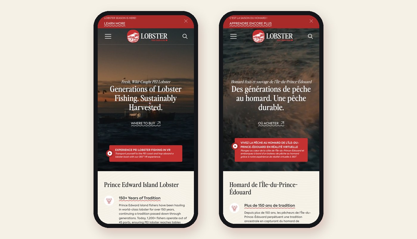 Lobster PEI Mobile English French Lobster PEI homepage on mobile in English and French