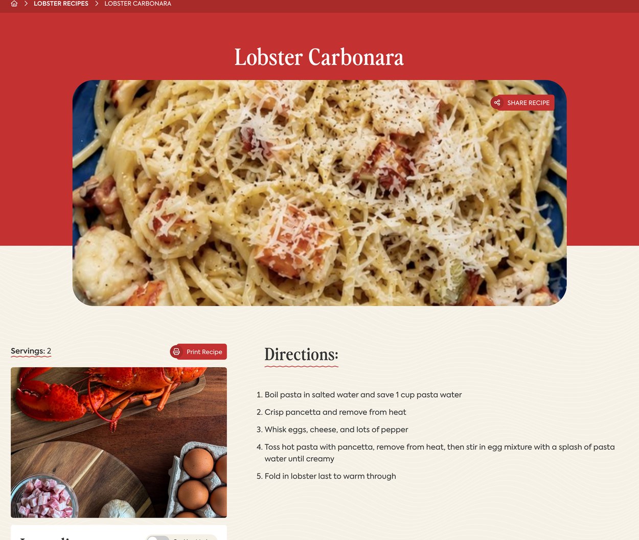 Lobster PEI Recipe Page Lobster carbonara recipe page with ingredients, directions and print button
