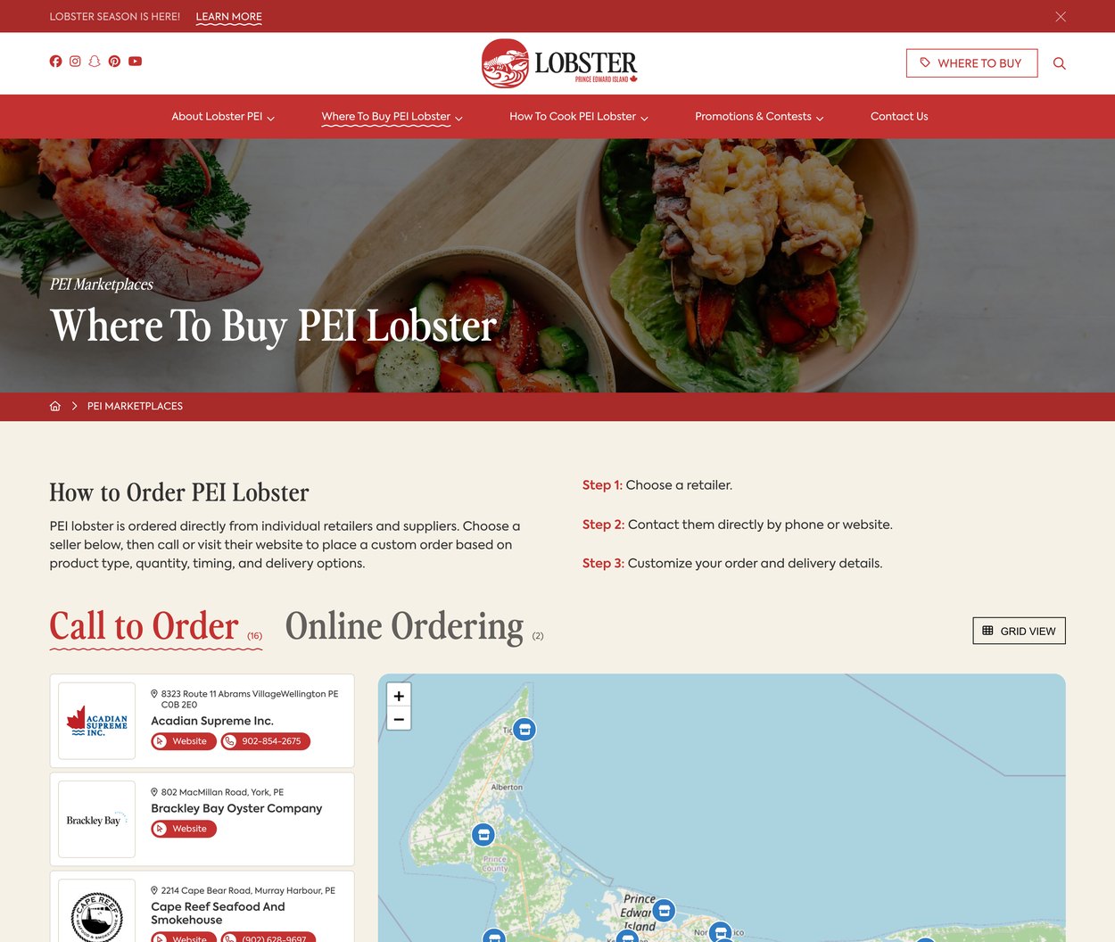 Lobster PEI Where To Buy Lobster PEI Where To Buy page with ordering steps and a list of PEI lobster retailers