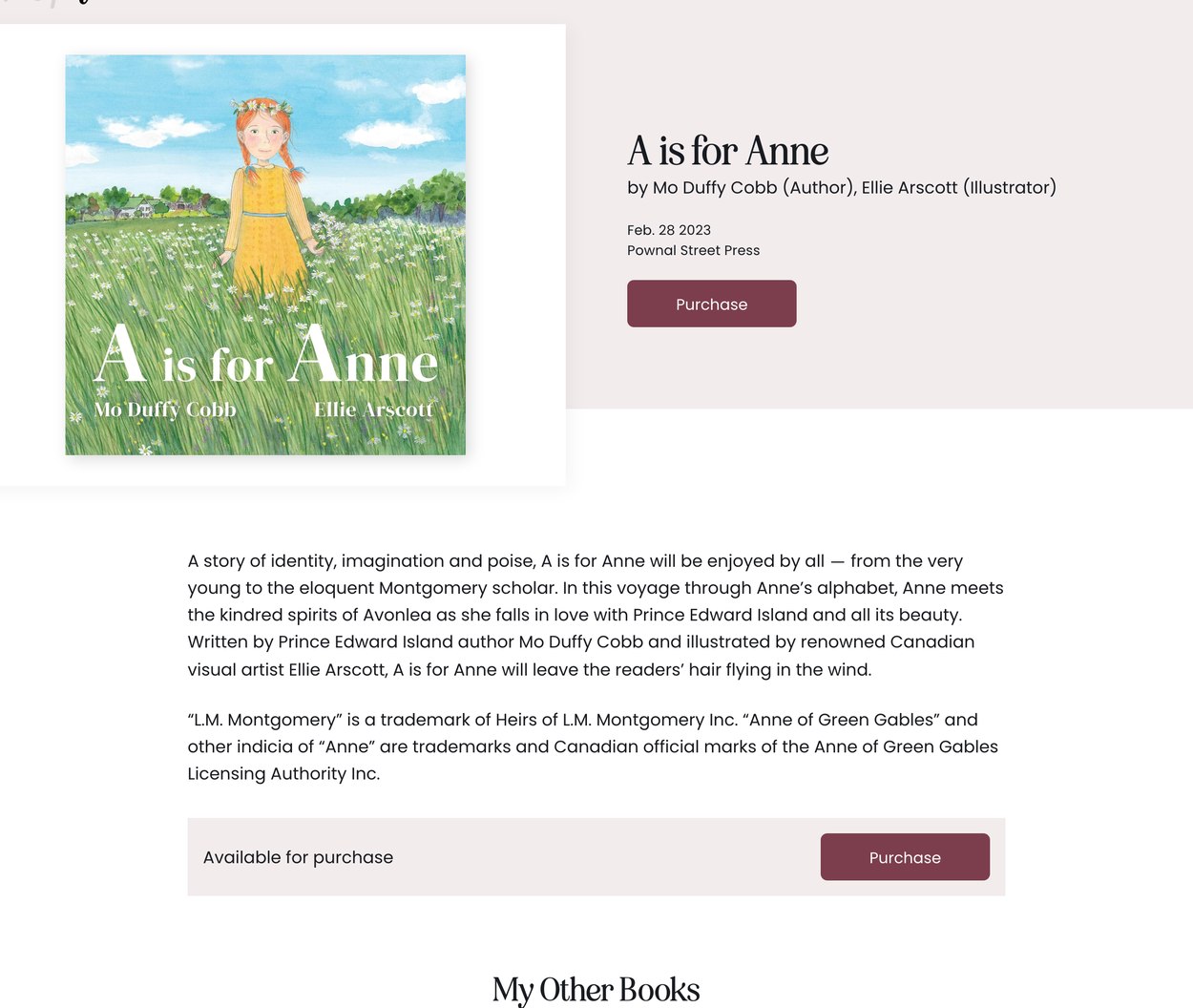Mo Duffy Book Page Mo Duffy book page for A is for Anne with description and purchase button