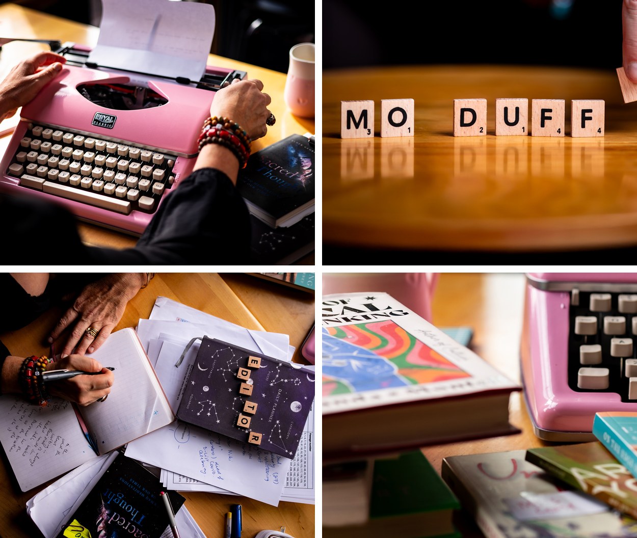 Mo Duffy Branding Details Branding detail photos: pink typewriter, MO DUFF letter tiles, an editing desk and books