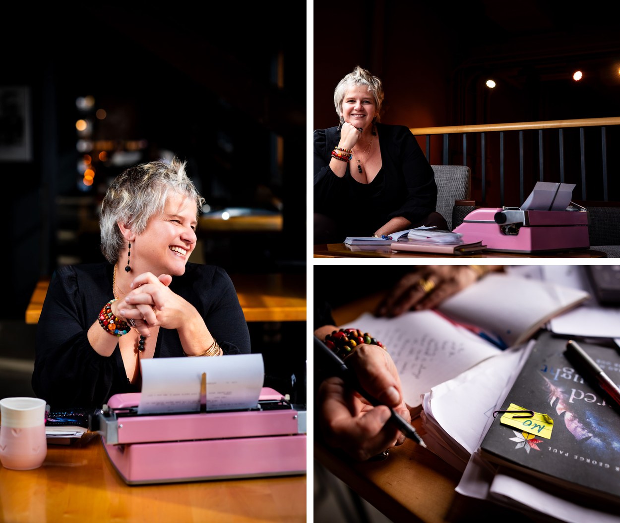 Mo Duffy Branding Portraits Branding portraits of Mo Duffy at a pink typewriter and writing in a notebook