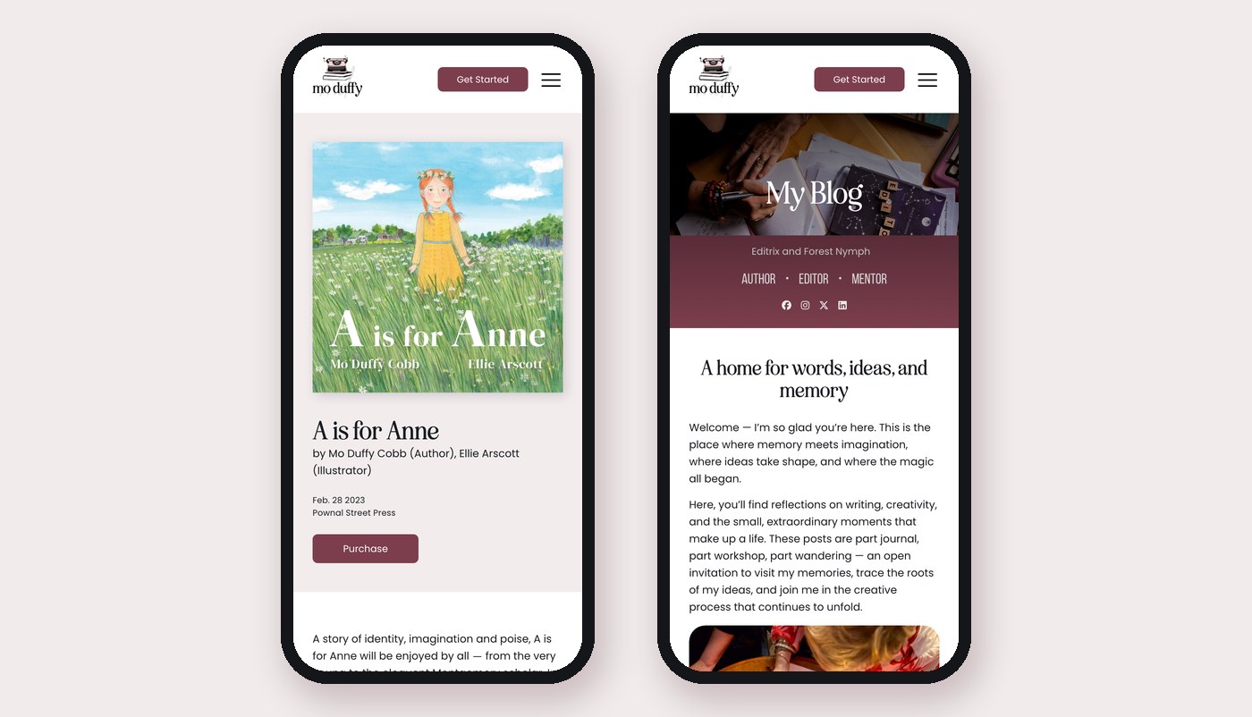 Mo Duffy Mobile Book Blog Mo Duffy website on mobile: A is for Anne book page and blog