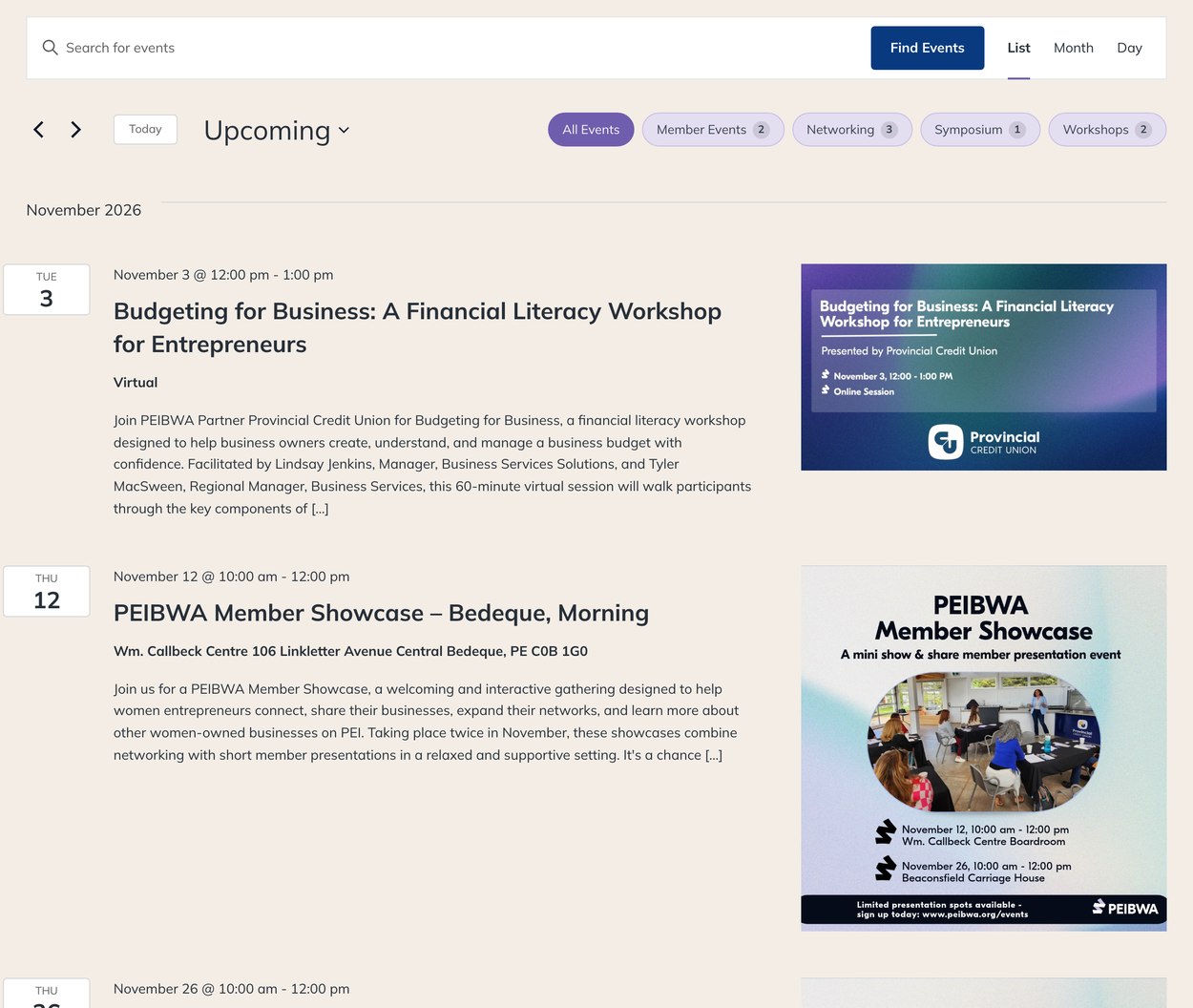PEIBWA Events Calendar PEIBWA events calendar listing upcoming workshops and member showcases with category filters
