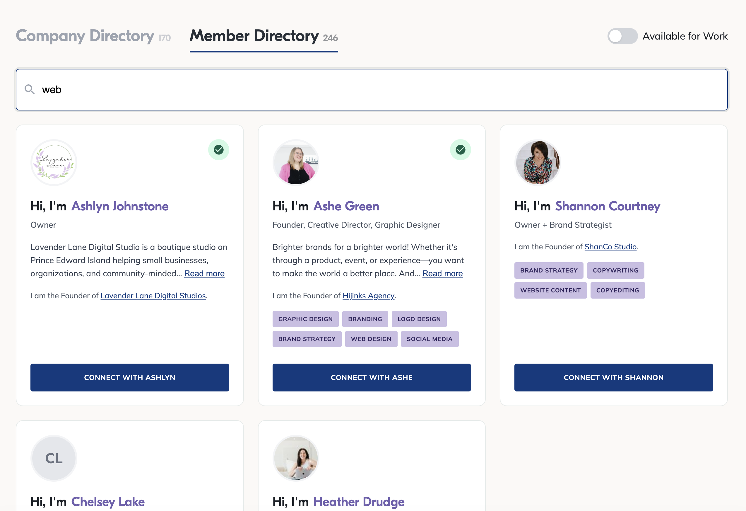 peibwa-md1 PEIBWA member directory with searchable member cards, services tags and connect buttons