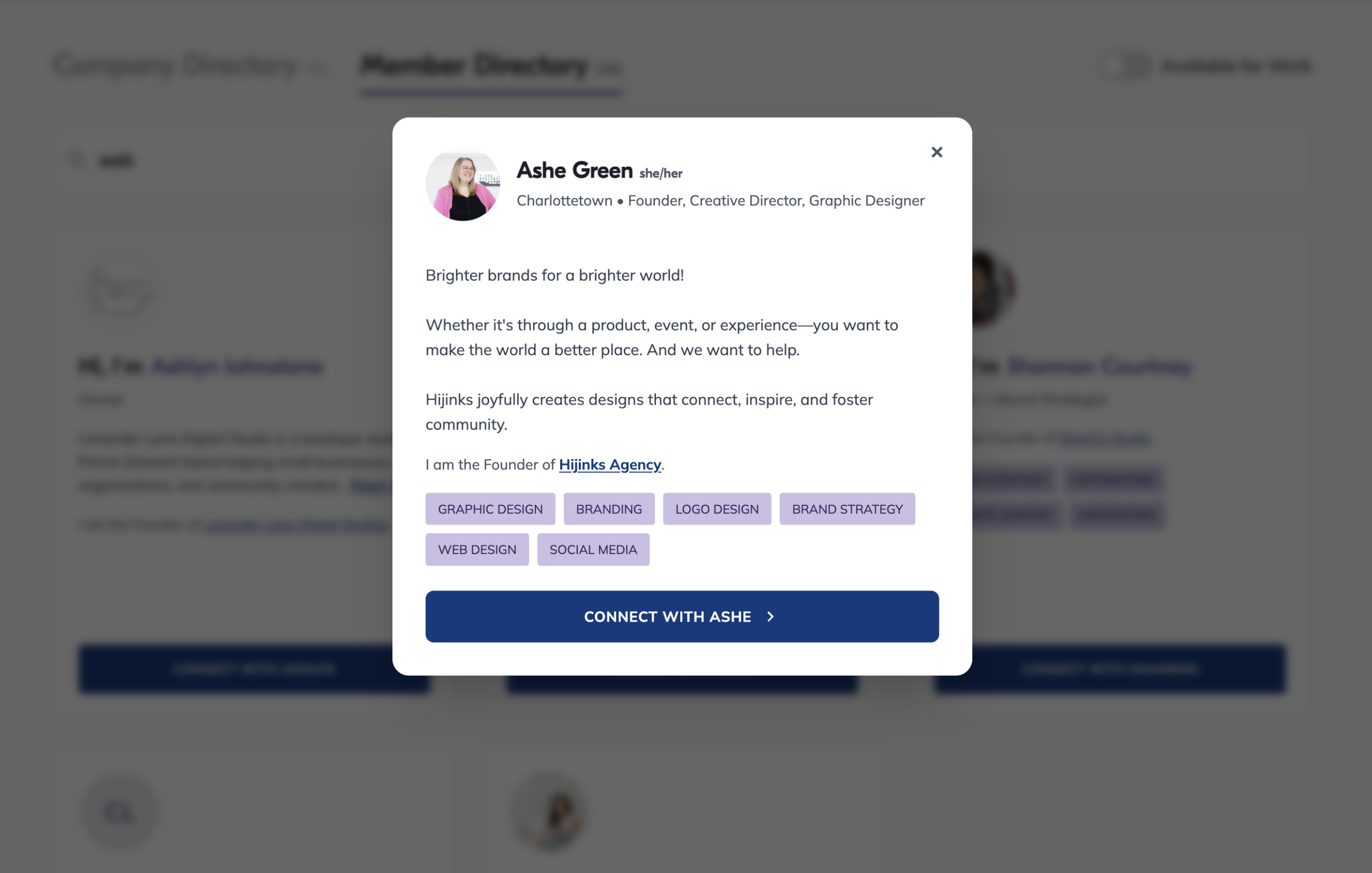peibwa-md2 PEIBWA member directory profile pop-up with a member's bio, services and a connect button