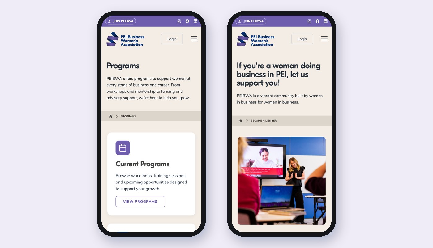 PEIBWA Mobile Programs Membership PEIBWA website on mobile: programs and become-a-member pages