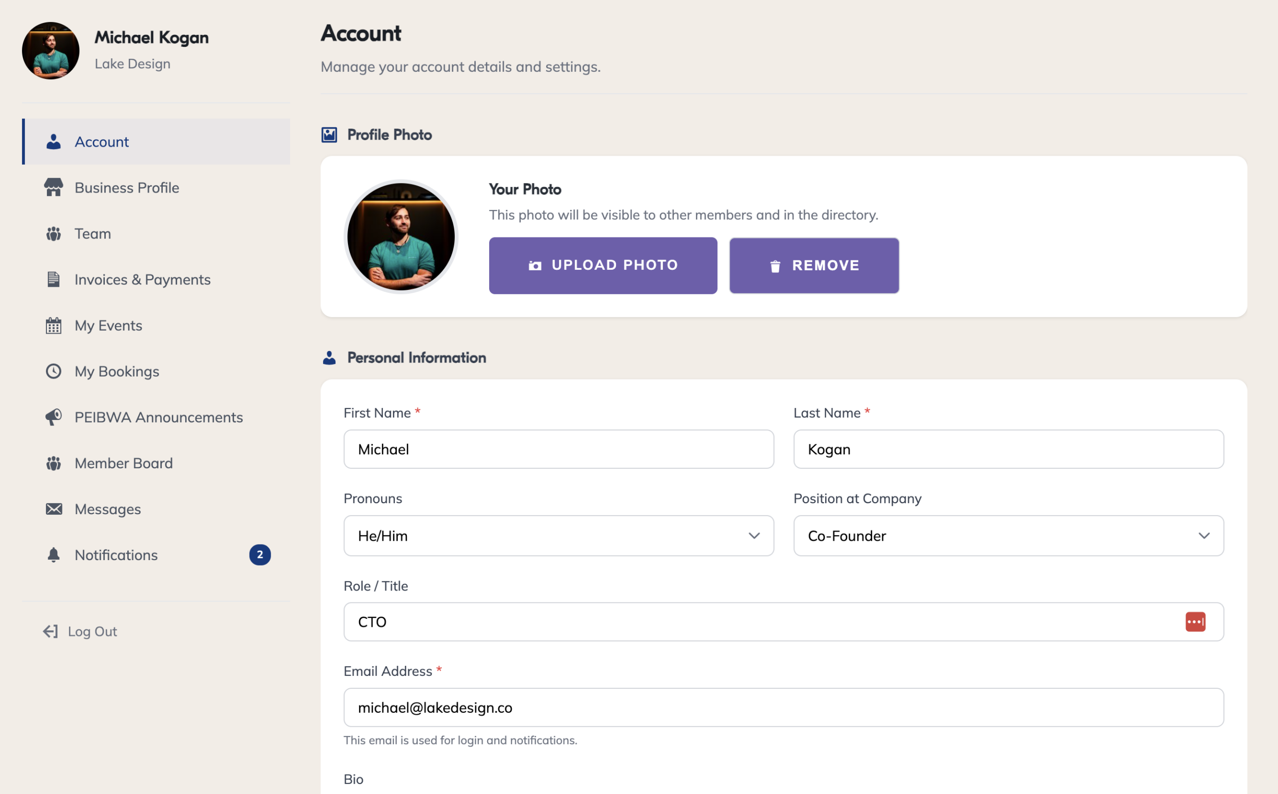 peibwa-mp1 PEIBWA member portal account settings with profile photo and personal information