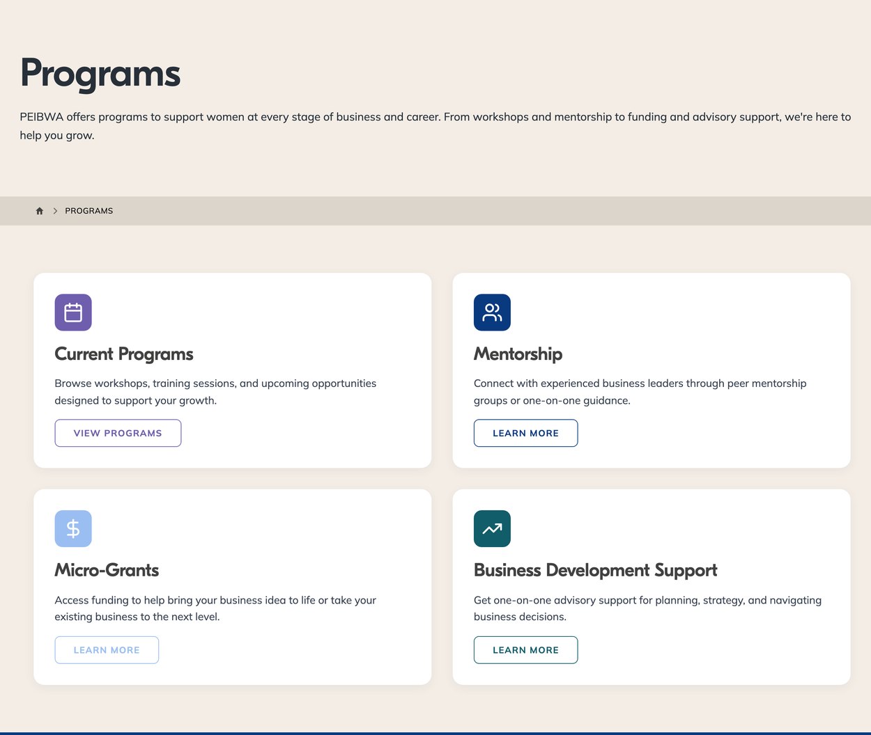 PEIBWA Programs PEIBWA programs page with current programs, mentorship, micro-grants and business development support