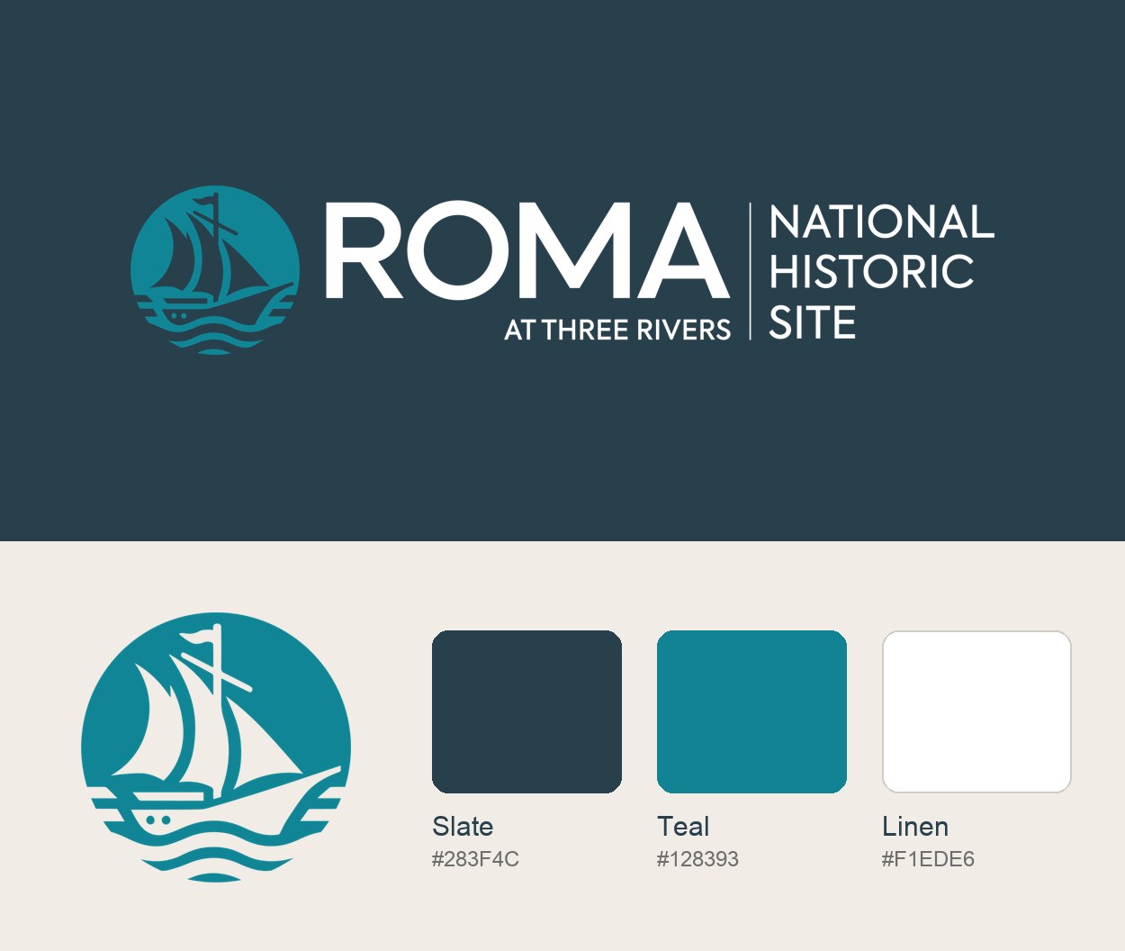 Roma at Three Rivers logo with the Acadian chaloupe mark and the slate, teal and linen brand colours