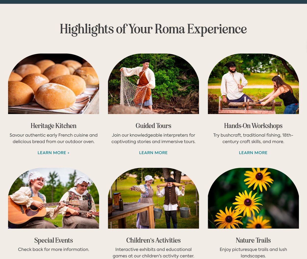 Roma at Three Rivers Experience page with highlights for the heritage kitchen, guided tours, workshops and nature trails