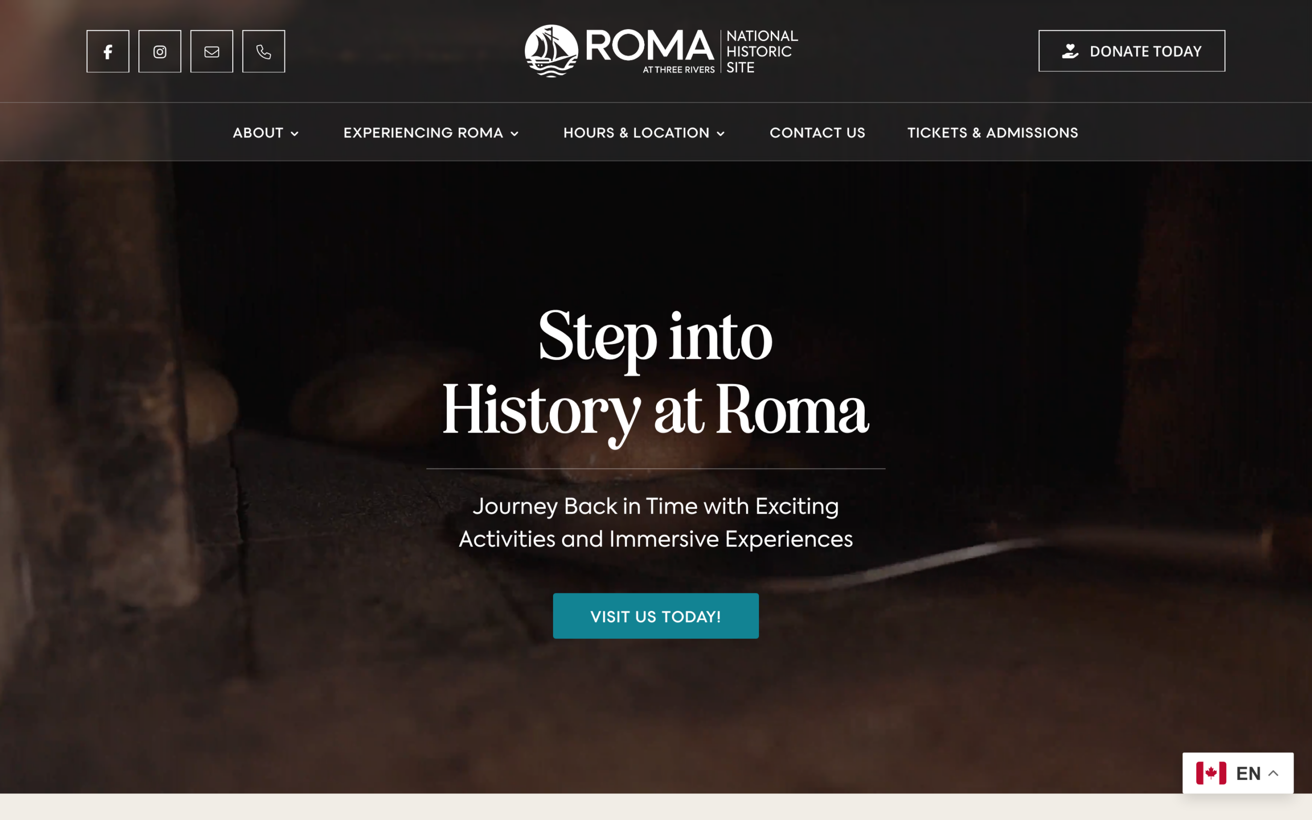 Roma at Three Rivers website homepage with the Step into History at Roma hero