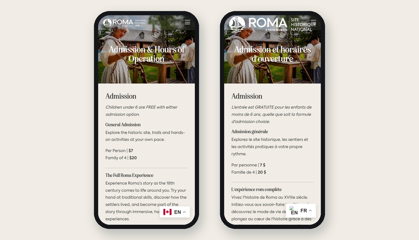 Roma at Three Rivers admission page on mobile in English and French