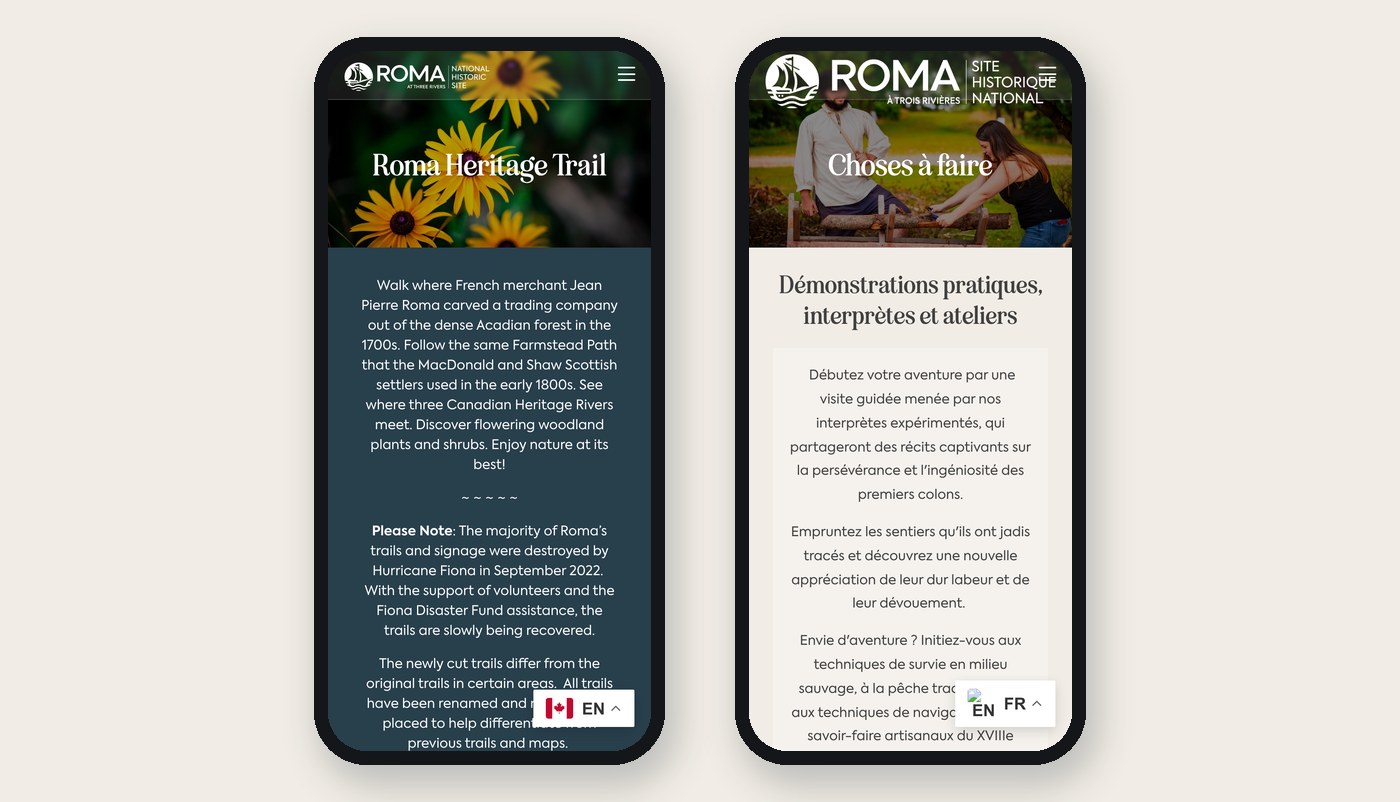 Roma Heritage Trail page in English and the Things To Do page in French on mobile