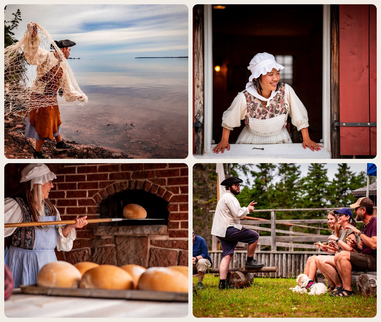 Photography of costumed interpreters at Roma: casting a net, at a window, baking bread and telling stories