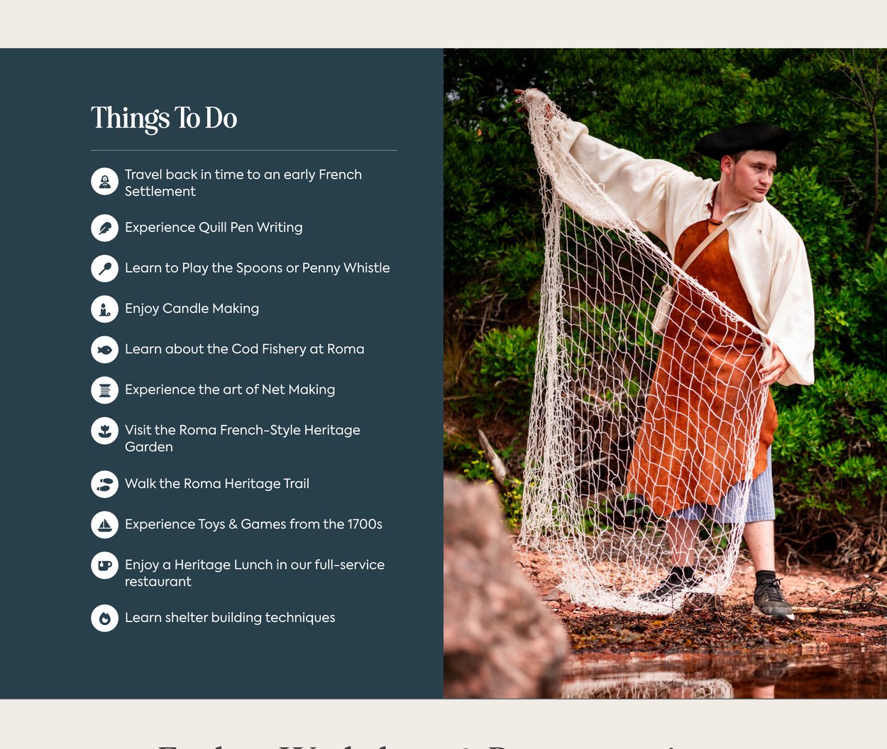 Roma at Three Rivers Things To Do list beside a photo of an interpreter casting a fishing net