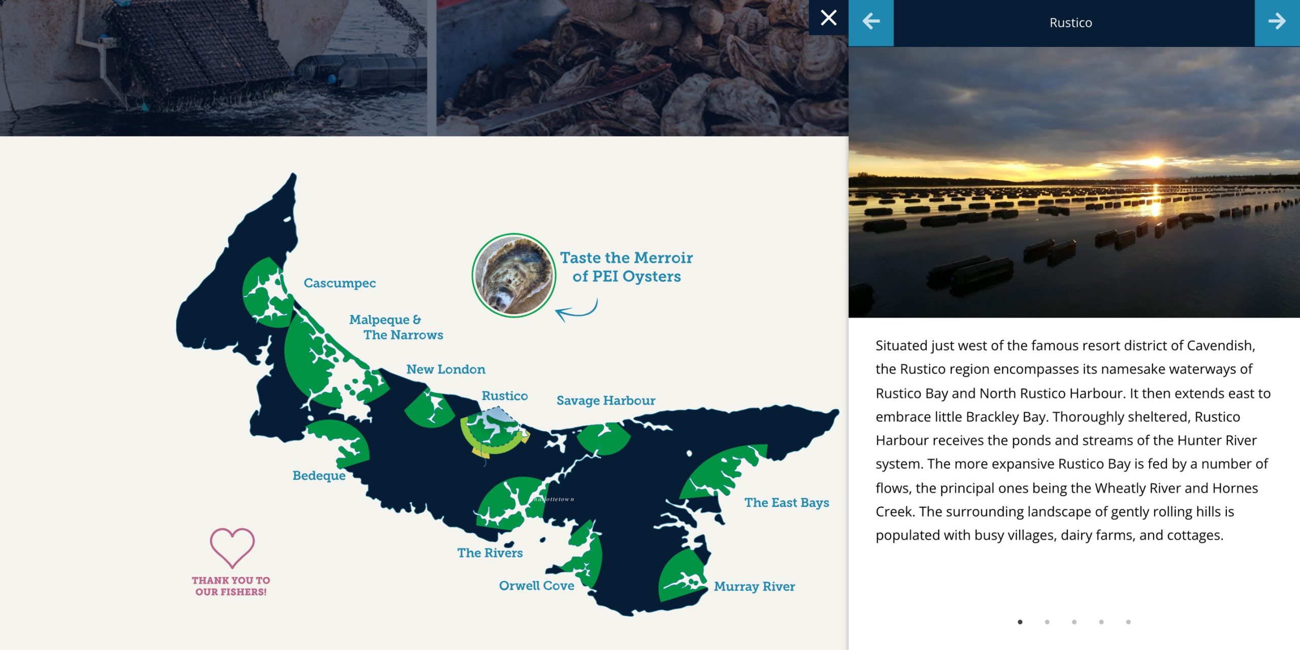 Social Shell Oyster Map Guide The Social Shell interactive Oyster Map of PEI with the Rustico region panel open, showing a sunset photo and description