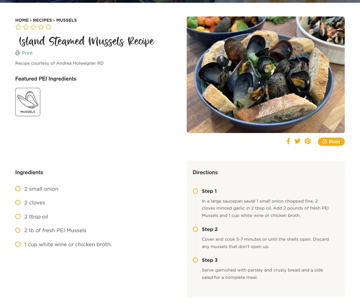 Social Shell Recipe Page Island Steamed Mussels recipe page with featured PEI ingredients, ingredients list and step-by-step directions